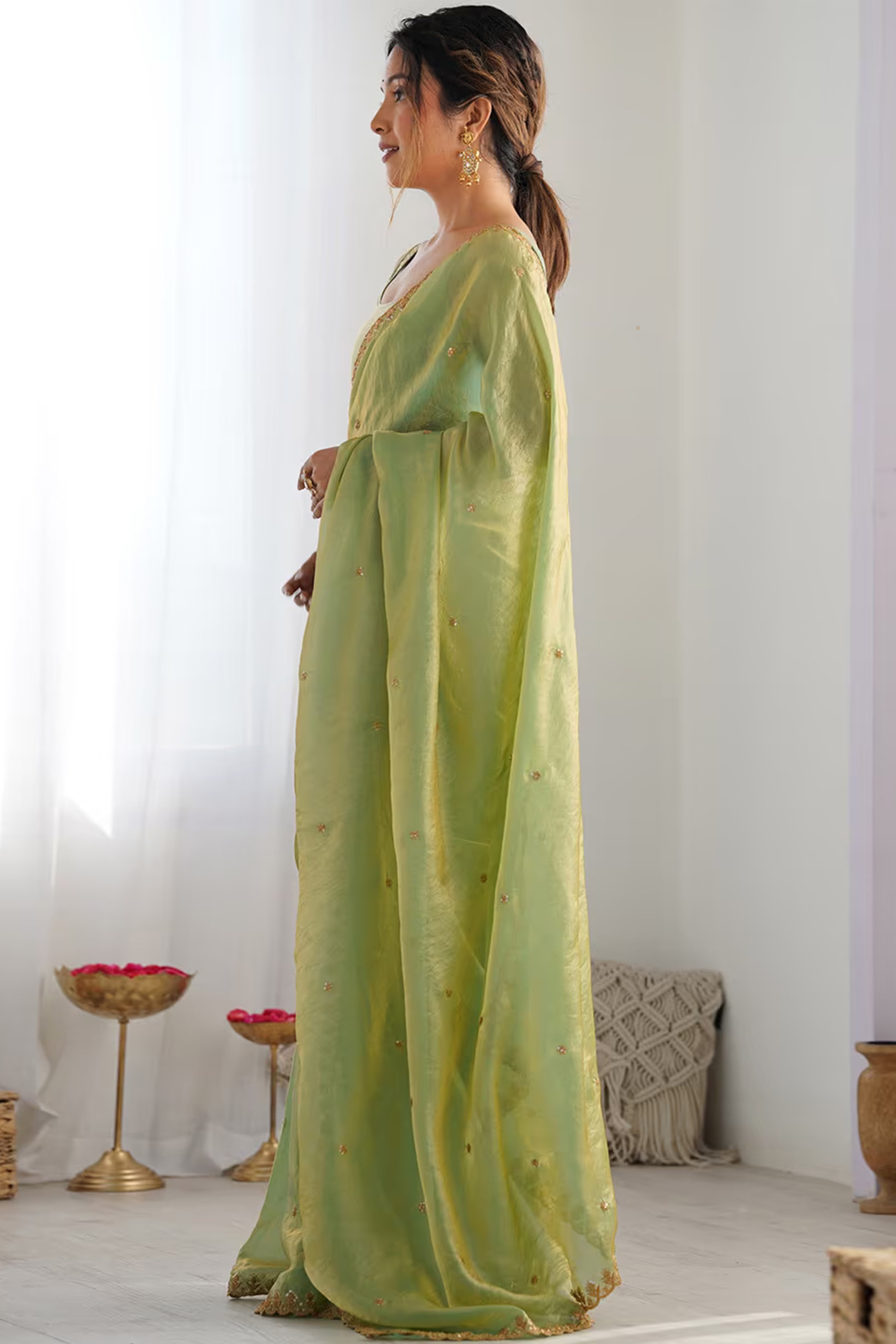 Stunning Green Organza Satin Silk Saree Adorned With Floral Sequin Zari Embroidery Work