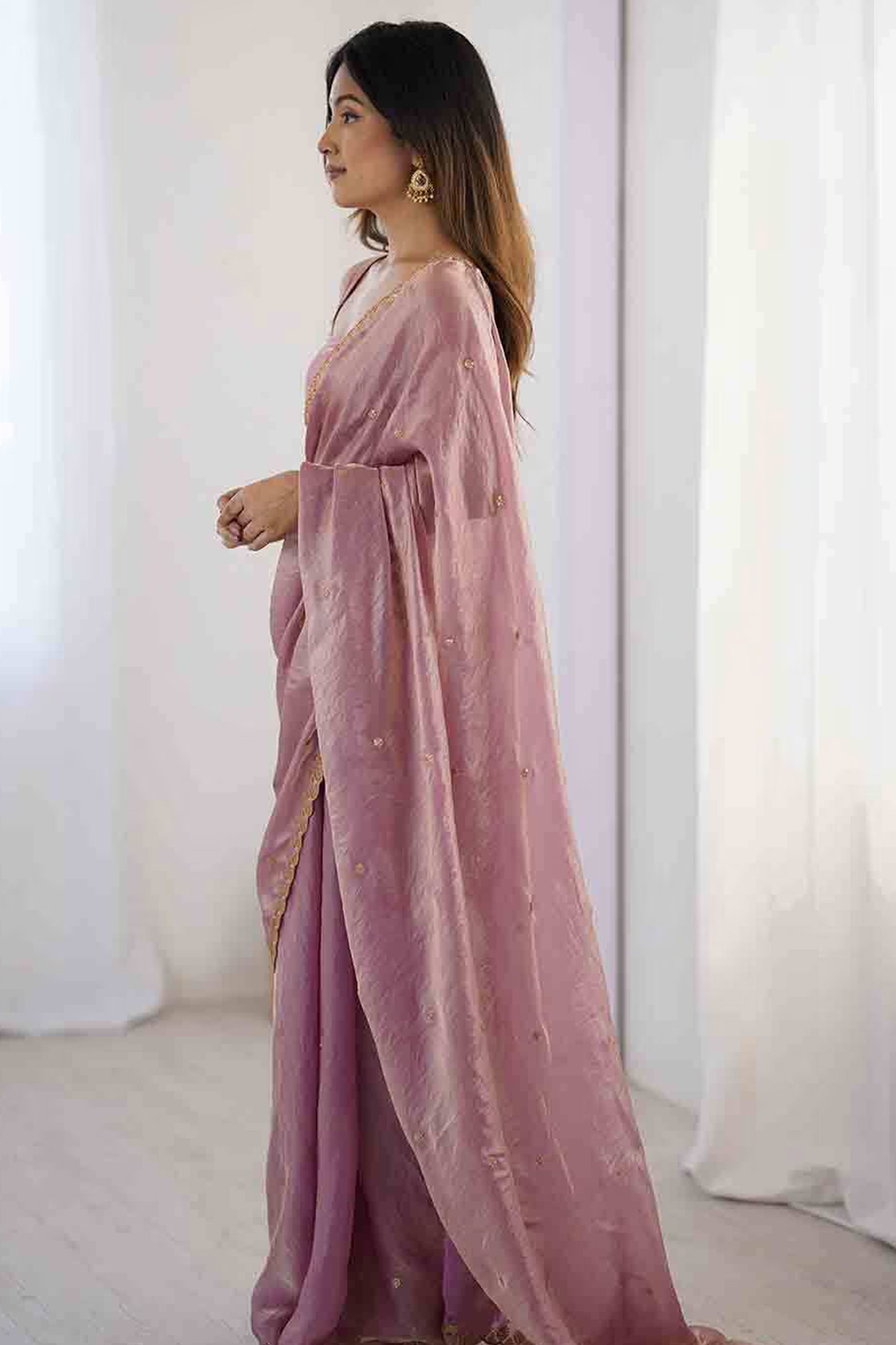 Stunning Mauve Organza Satin Silk Saree Adorned With Floral Sequin Zari Embroidery Work