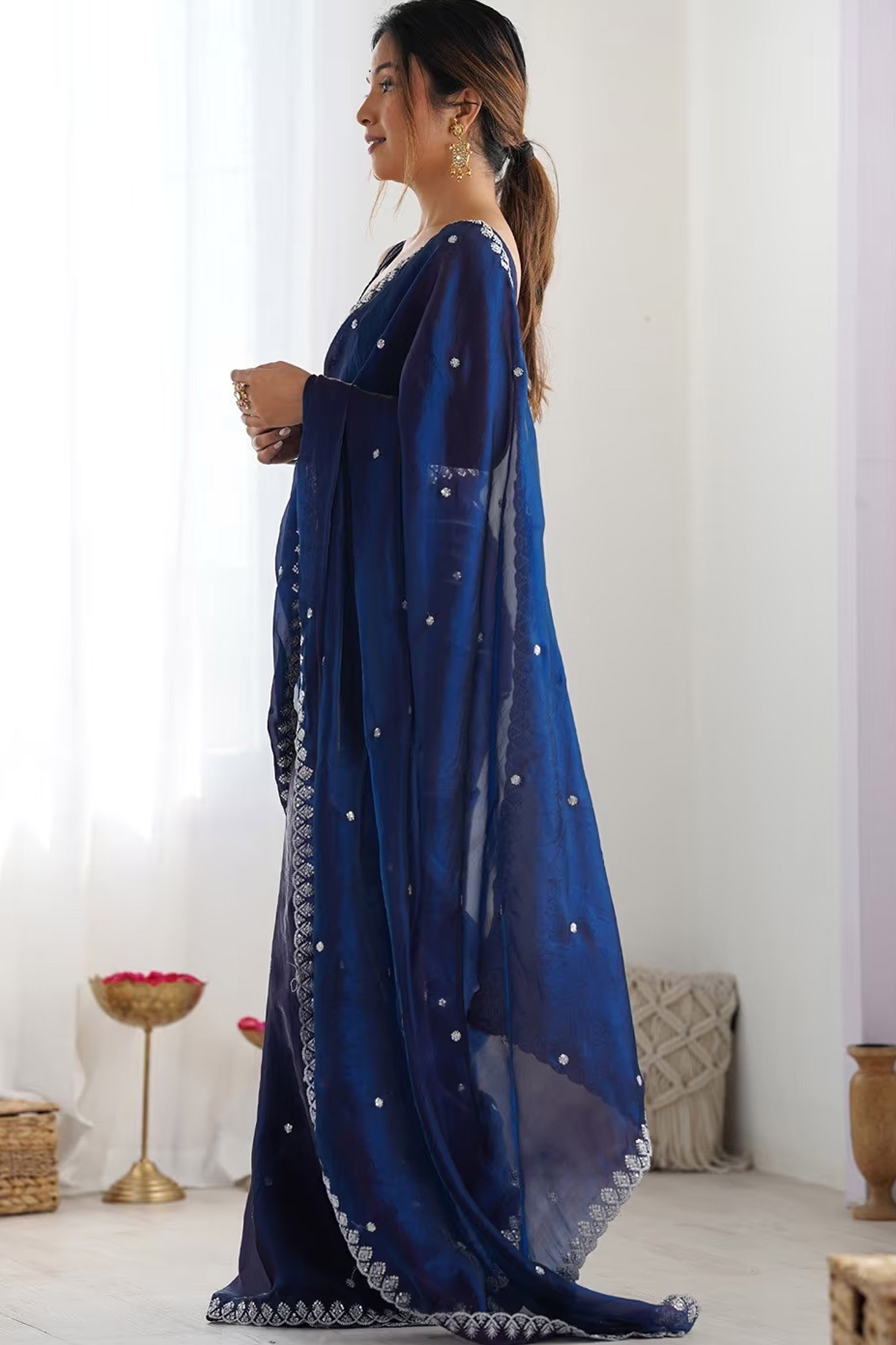 Stunning Navy Blue Organza Satin Silk Saree Adorned With Floral Sequin Zari Embroidery Work