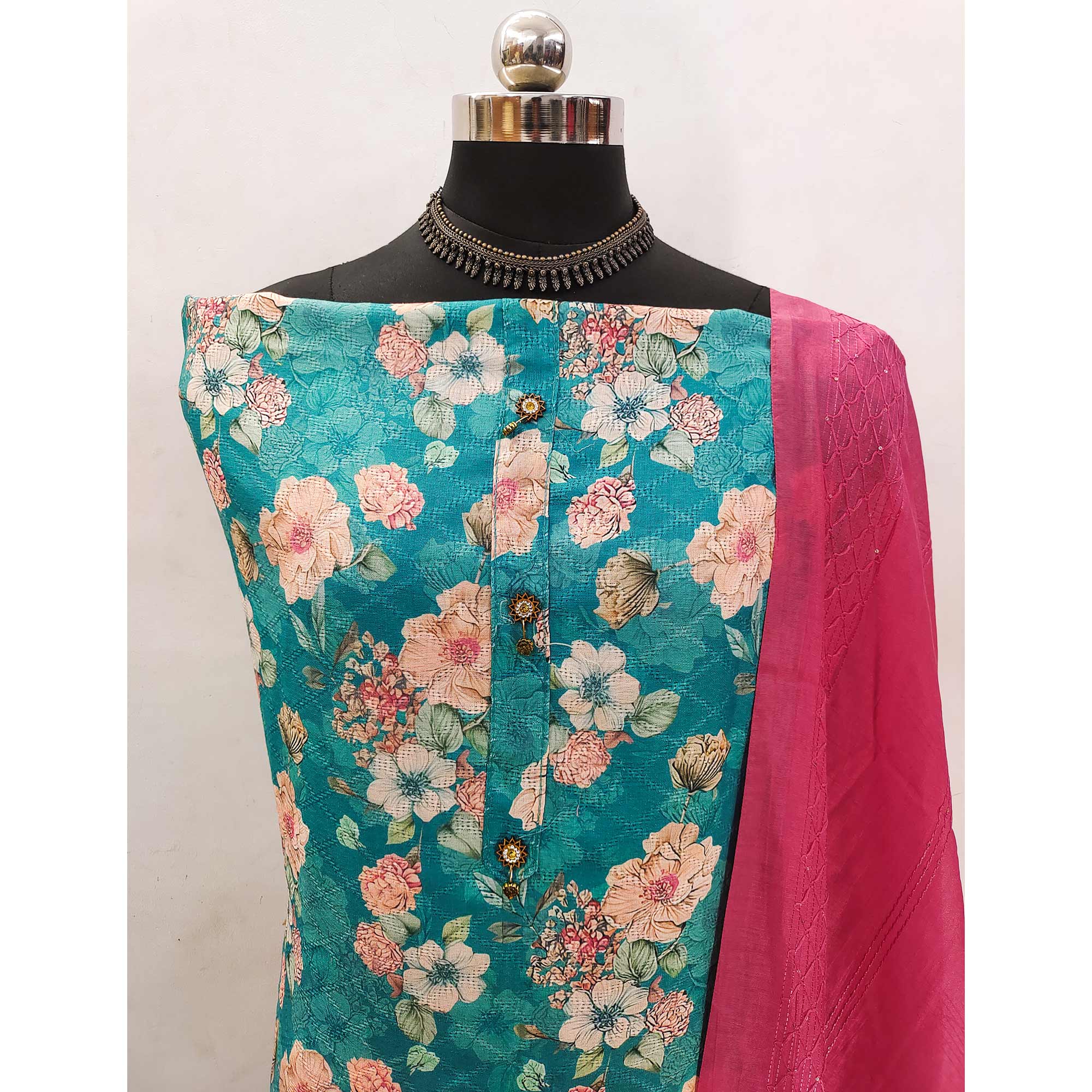 Teal Linen Dress Material with Floral Prints for Everyday Elegance