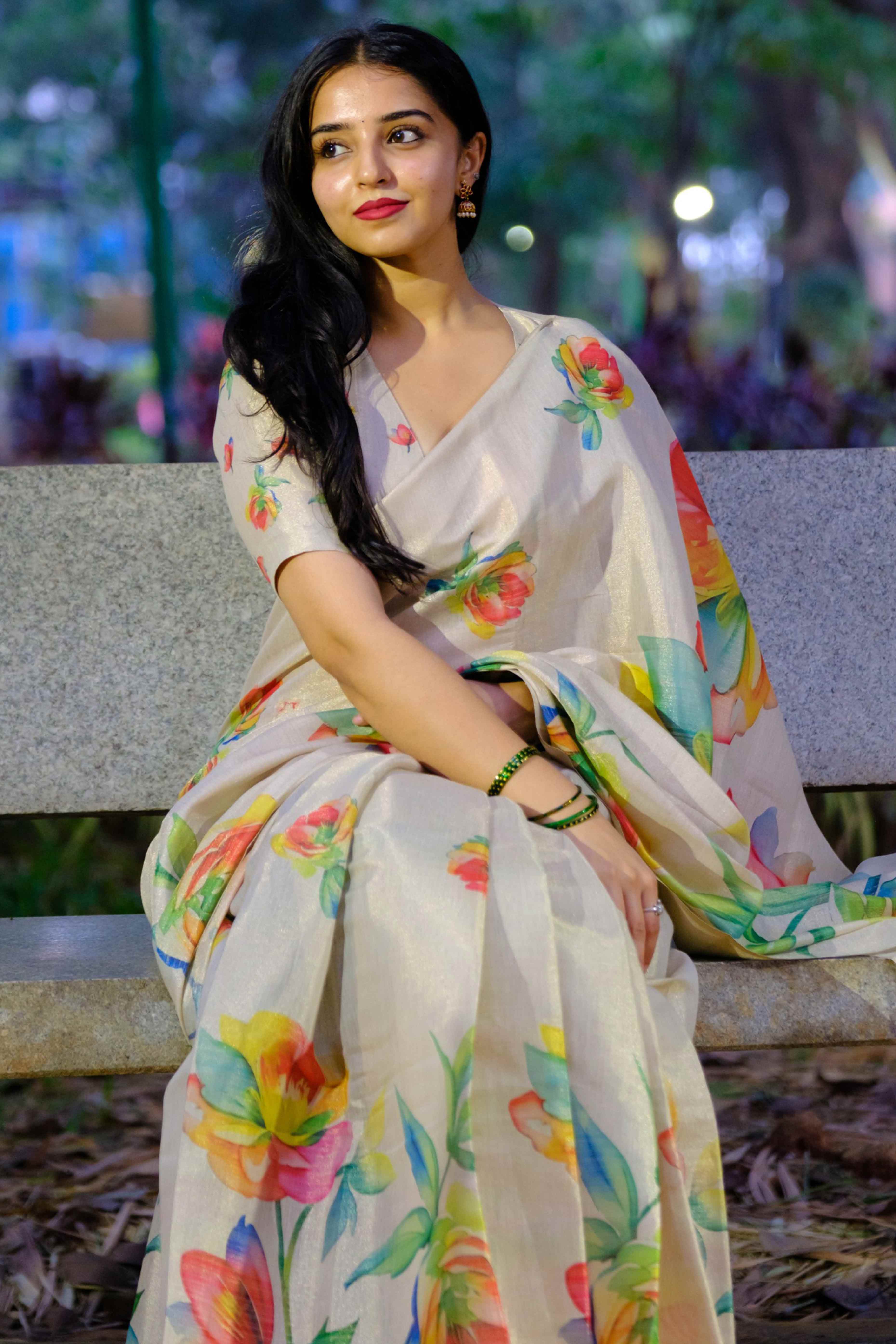 Beige Art Silk Saree Featuring Graceful Floral Motifs