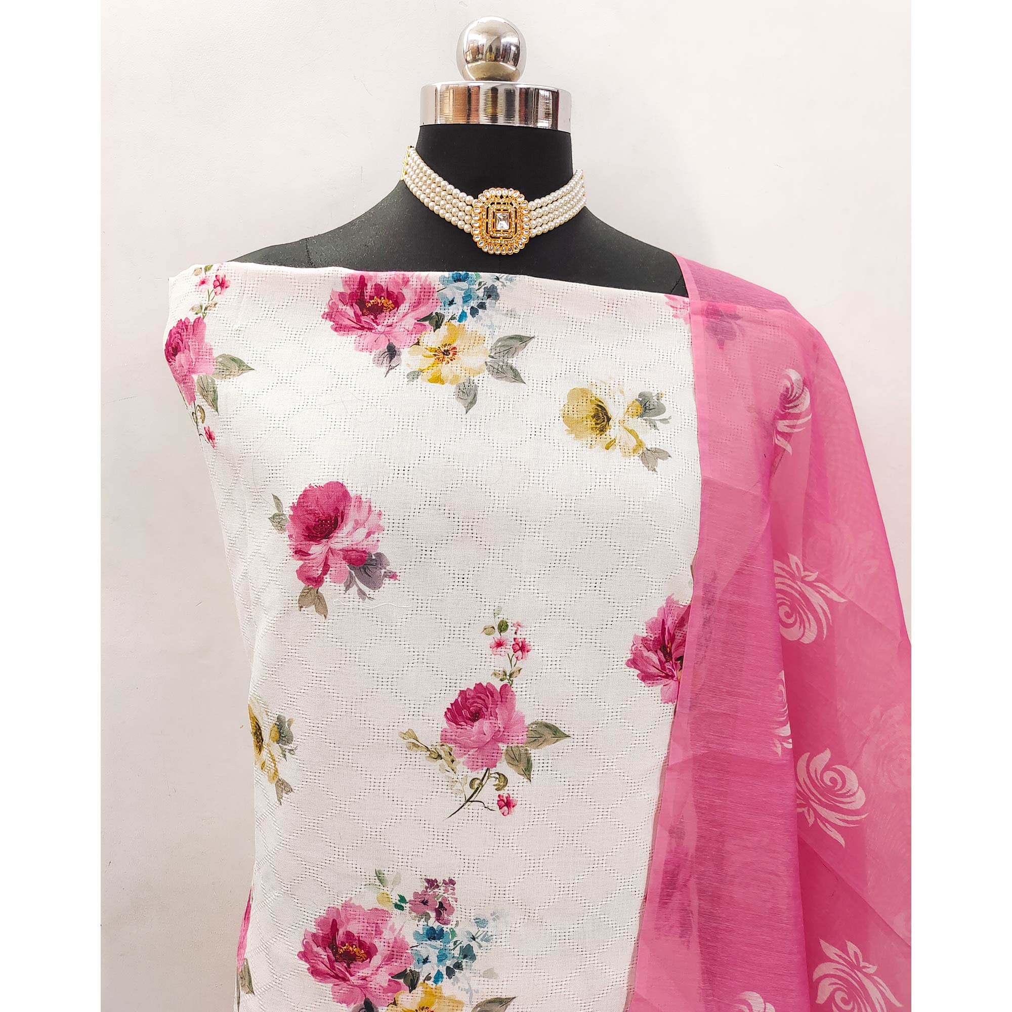 White Poly Cotton Blend Dress Material With Glimmering Floral Print