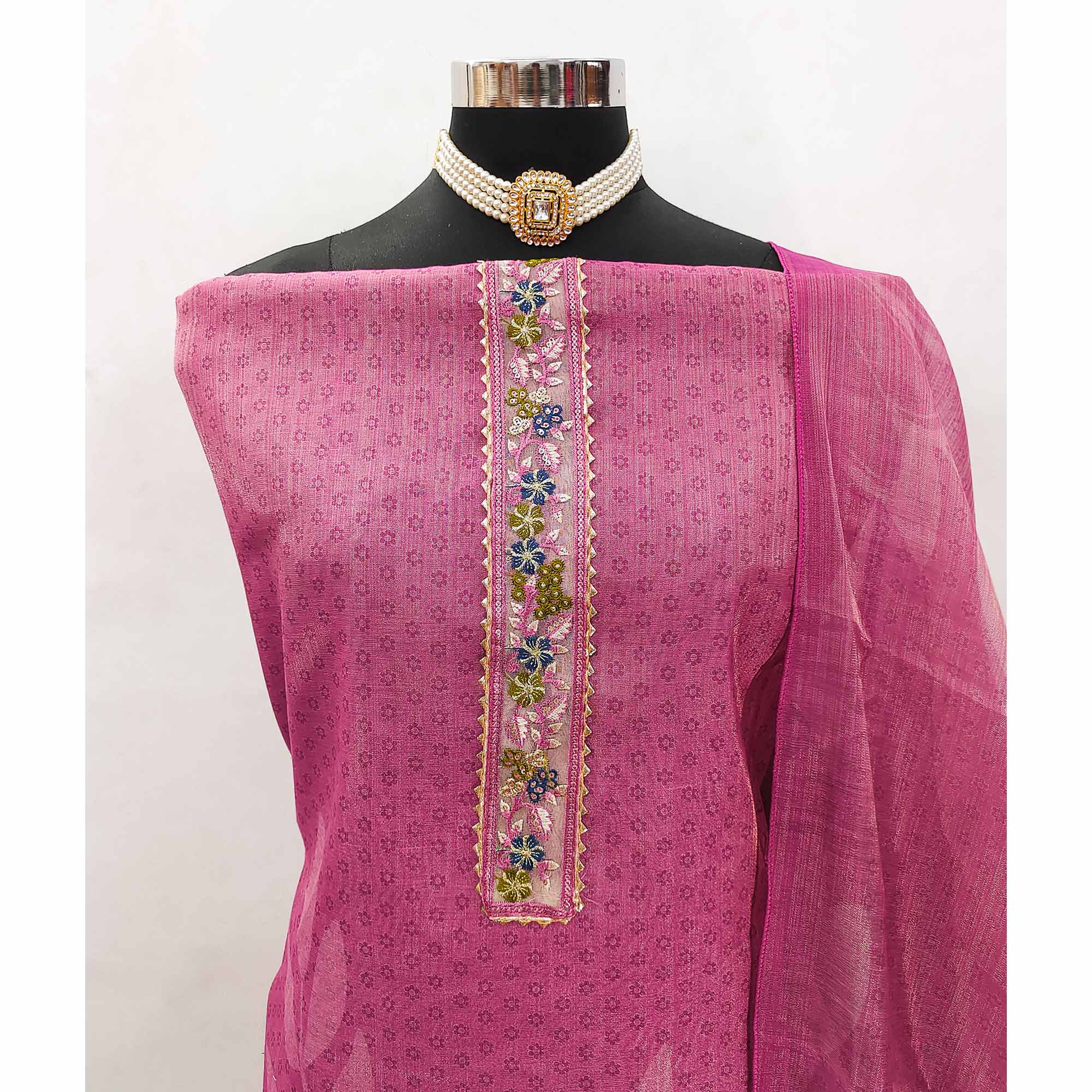 Pink Art Silk Dress Material Adorned with Soft Floral Prints for a Regal Ethnic Touch
