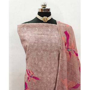 Brown Linen Dress Material Adorned with Artistic Floral Print and Elegant Thread Embroidery