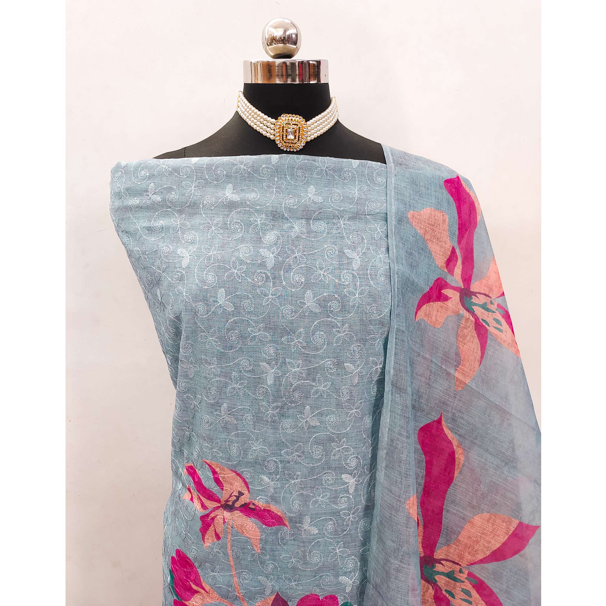 Grey Linen Dress Material Adorned with Artistic Floral Print and Elegant Thread Embroidery