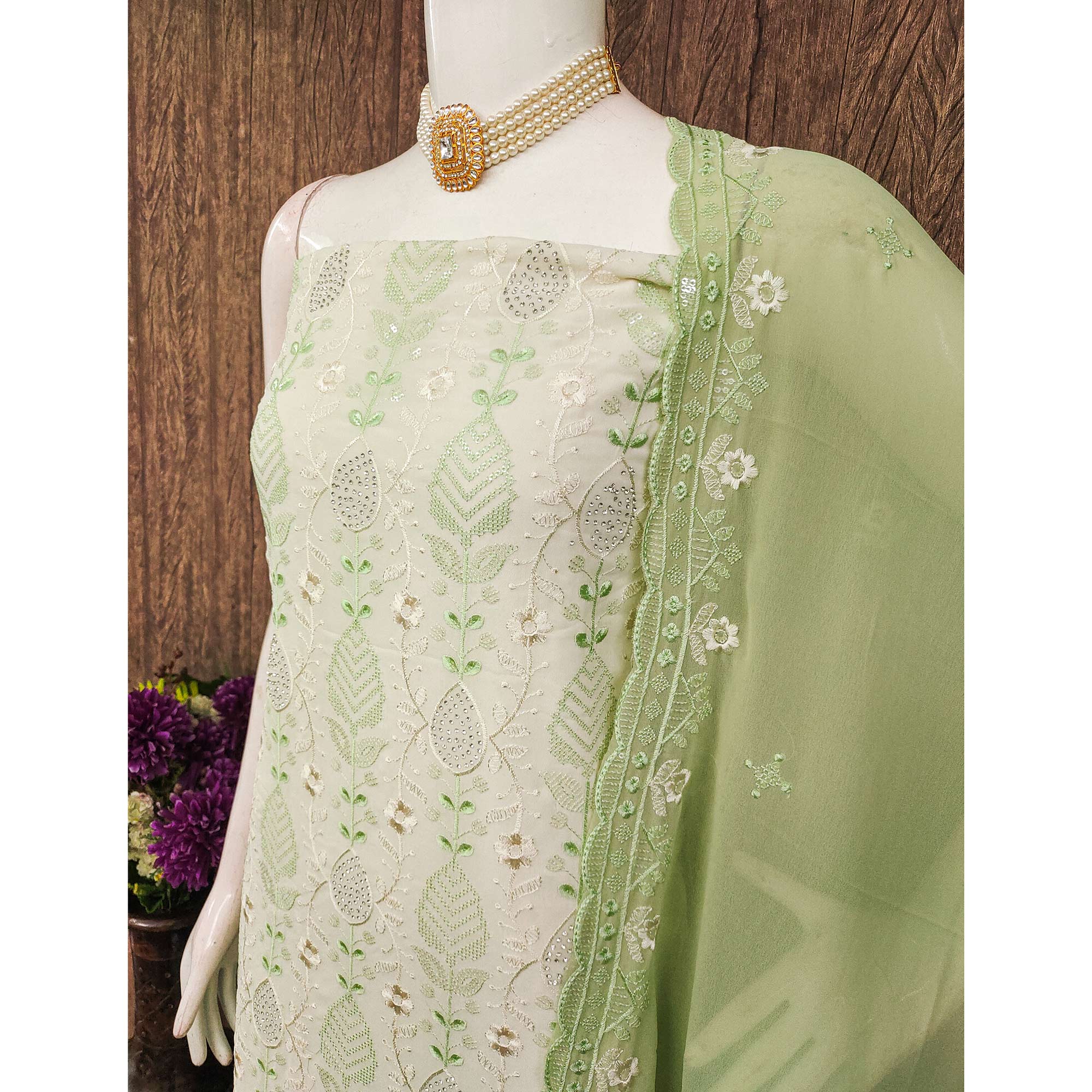 Premium Georgette Dress Material in Green & Cream with Refined Floral Embroidery