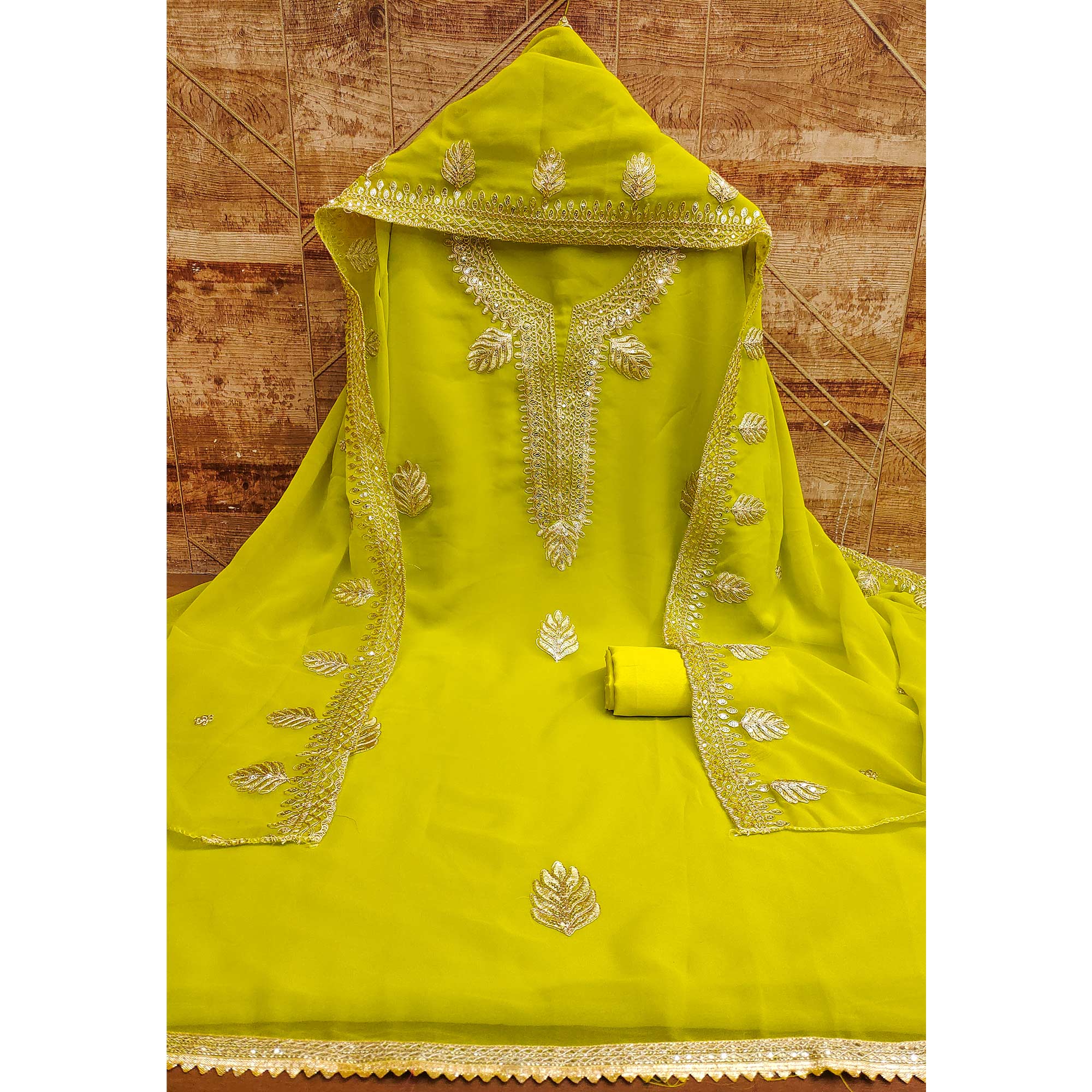 Lemon Green Ethnic Dress Material in Georgette with Embroidery