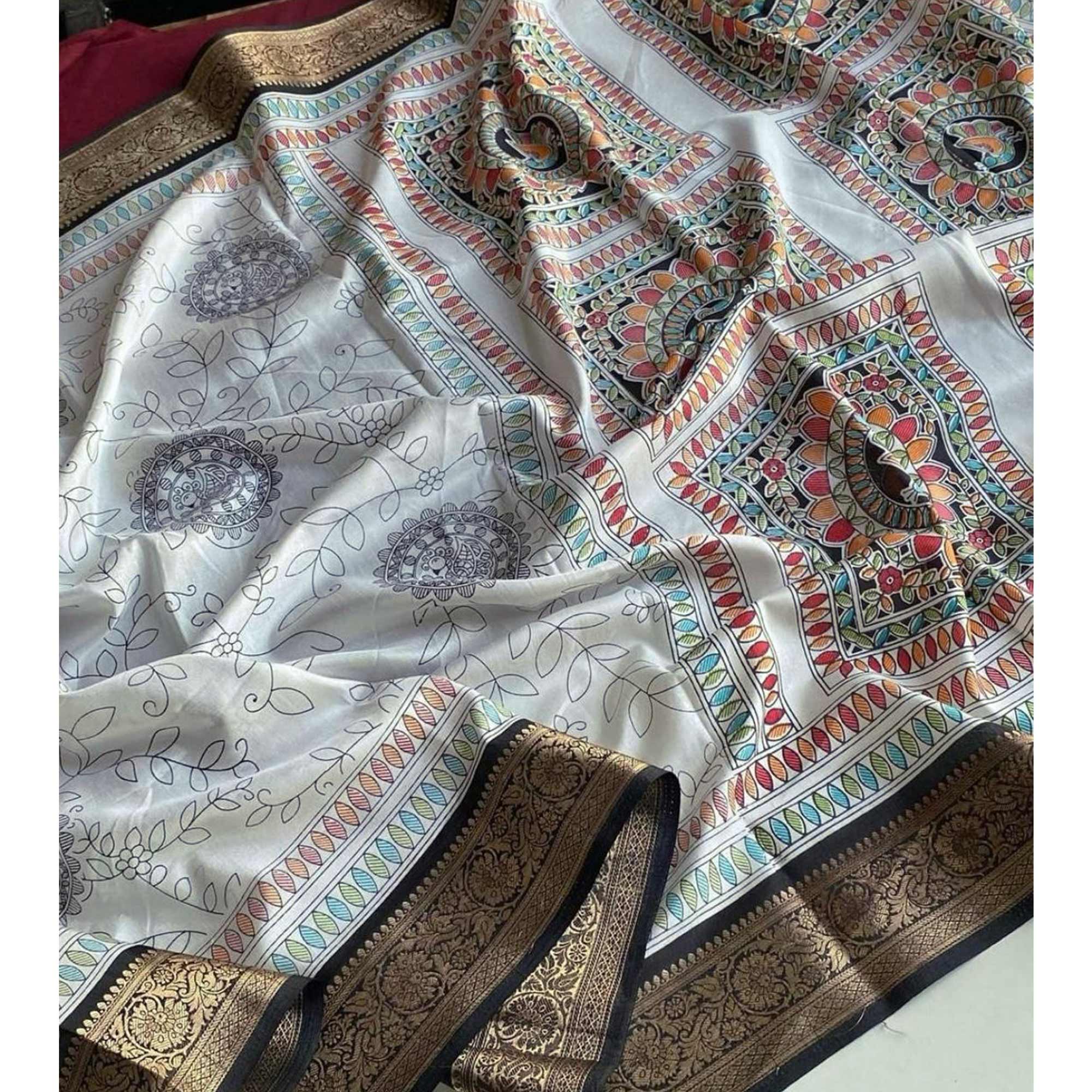 White Woven Border Floral Print Dola Silk Saree for Festive Wear