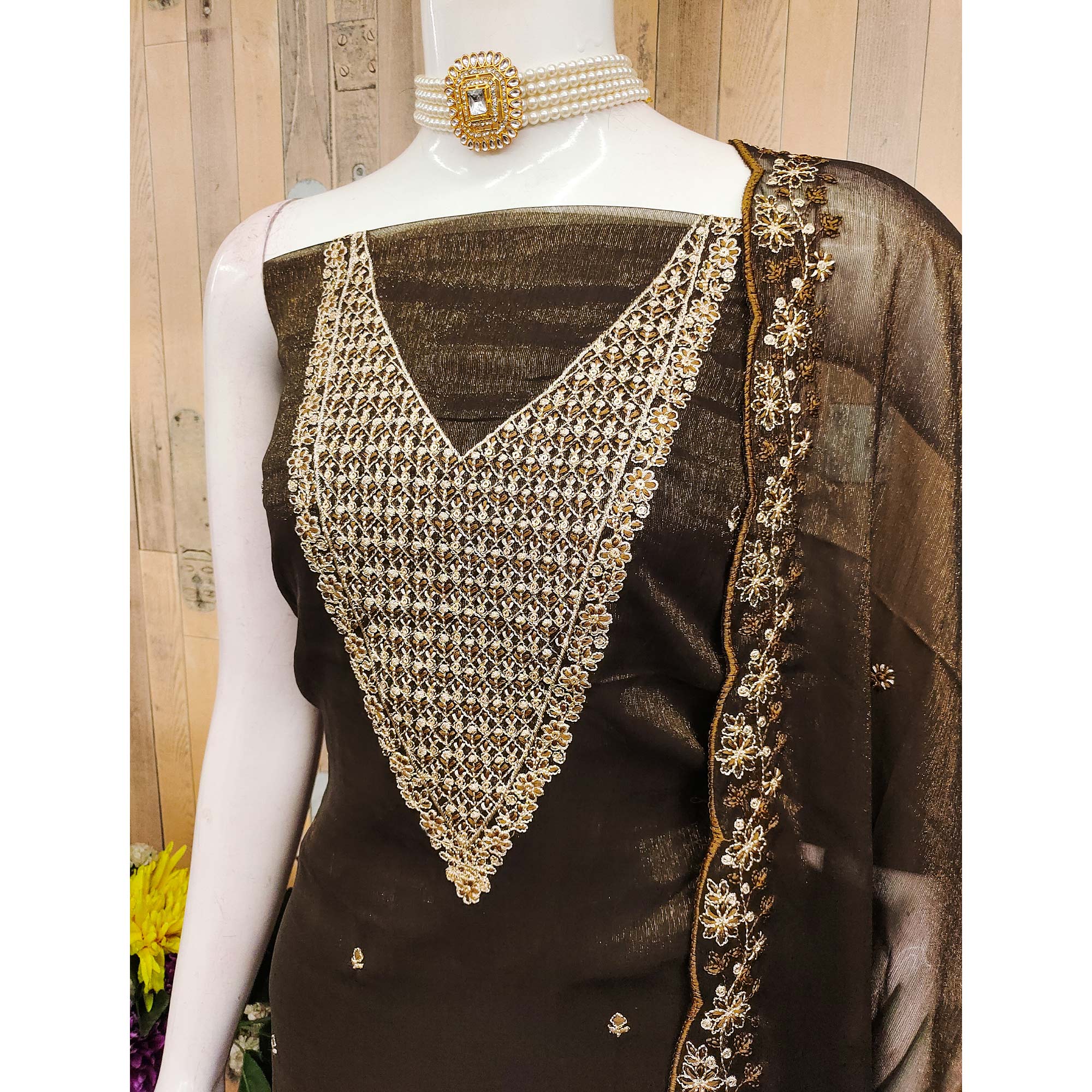 Deep Brown Party Wear Shimmer Dress Material with Floral Embellishment