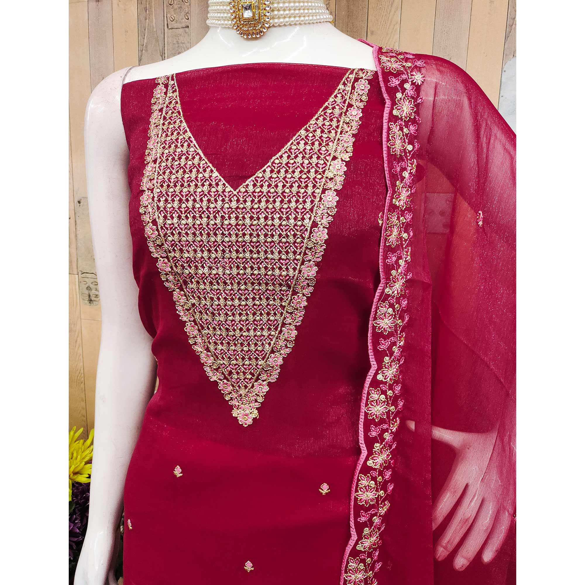 Pink Party Wear Shimmer Dress Material with Floral Embellishment