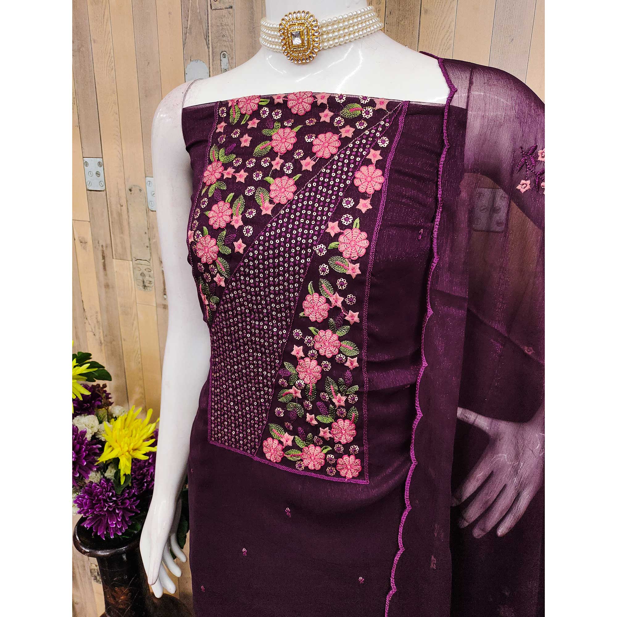 Dark Purple Unstitched Shimmer Dress Material with Stylish Floral Embellishment