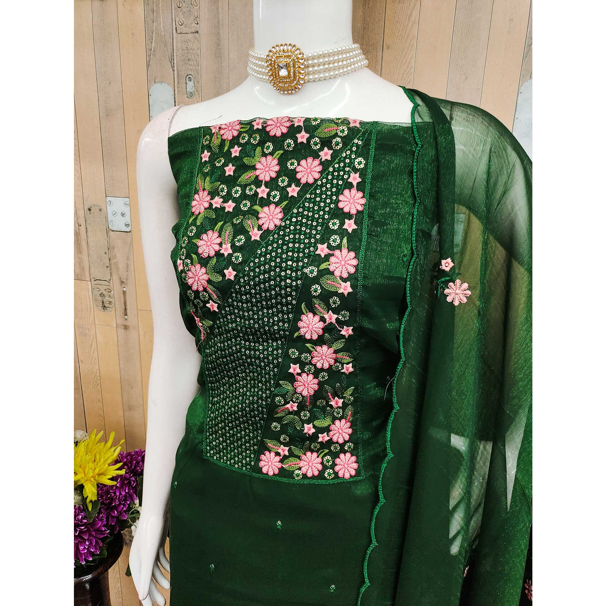 Green Unstitched Shimmer Dress Material with Stylish Floral Embellishment