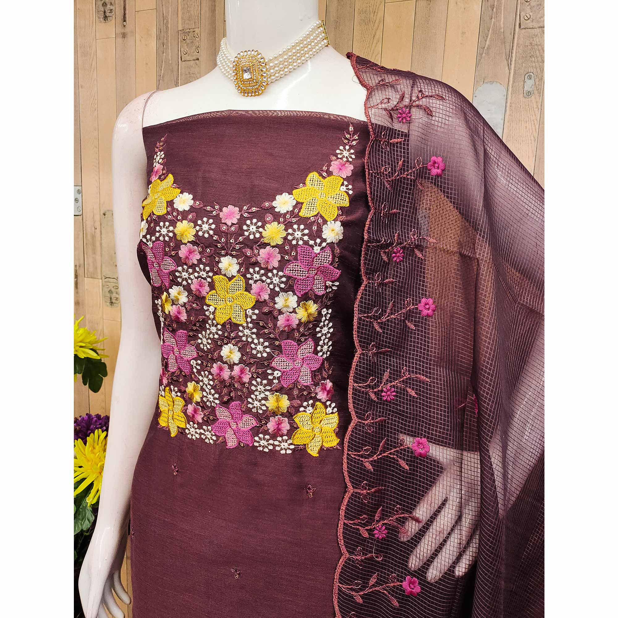 Brown Cotton Blend Unstitched Dress Fabric Featuring Delicate Floral Embroidery