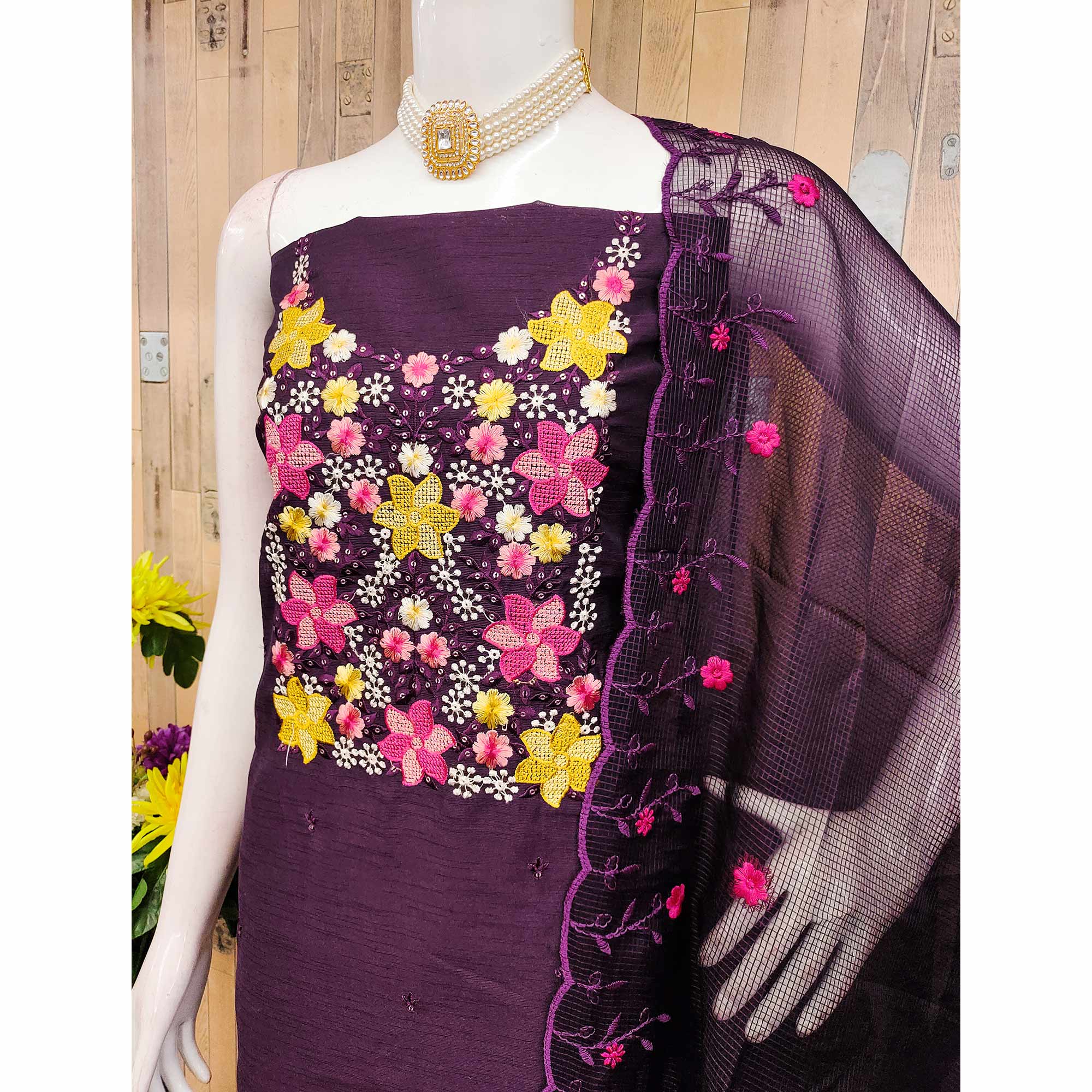 Wine Cotton Blend Unstitched Dress Fabric Featuring Delicate Floral Embroidery