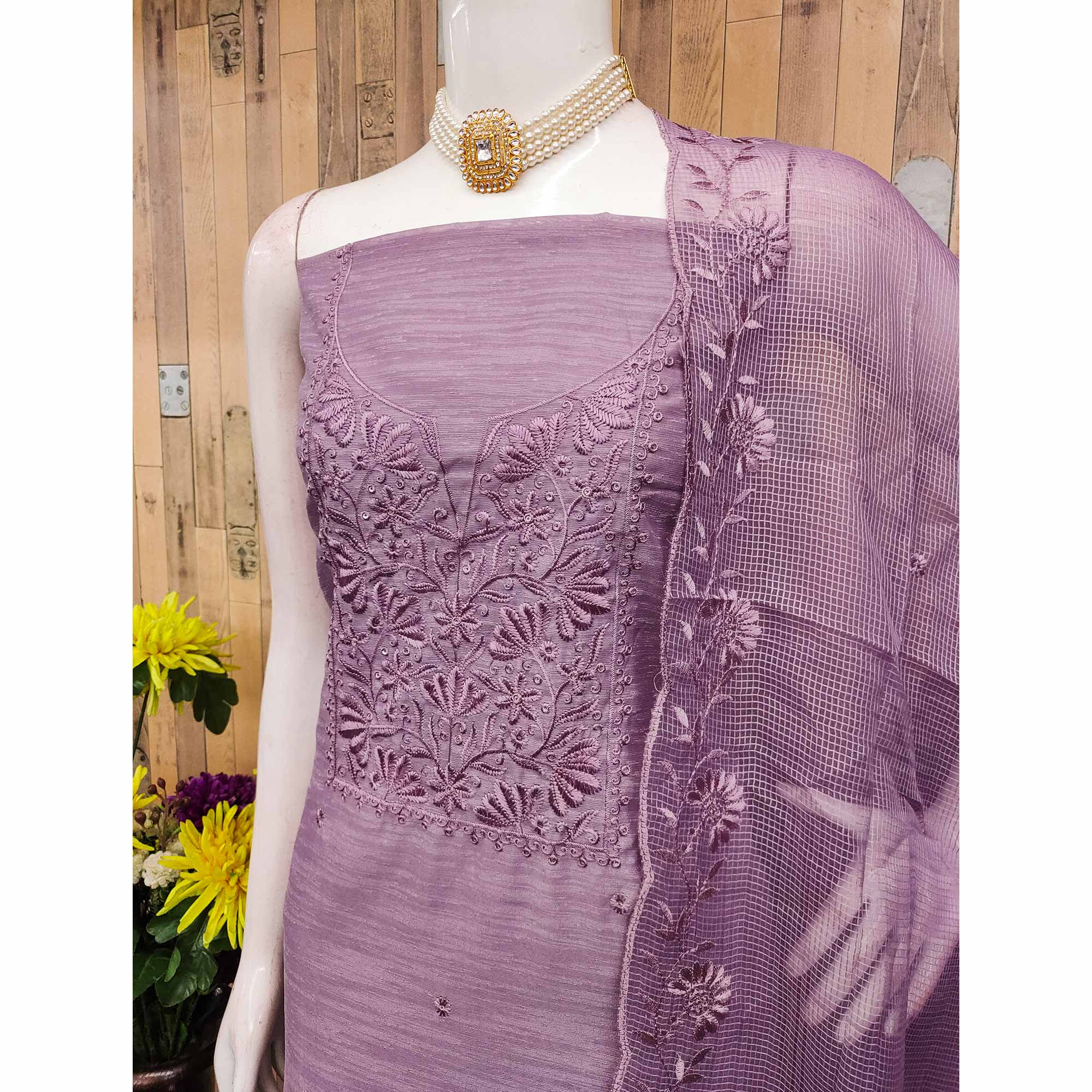 Festive Wear Lavender Floral Embroidered Unstitched Cotton Blend Dress Material