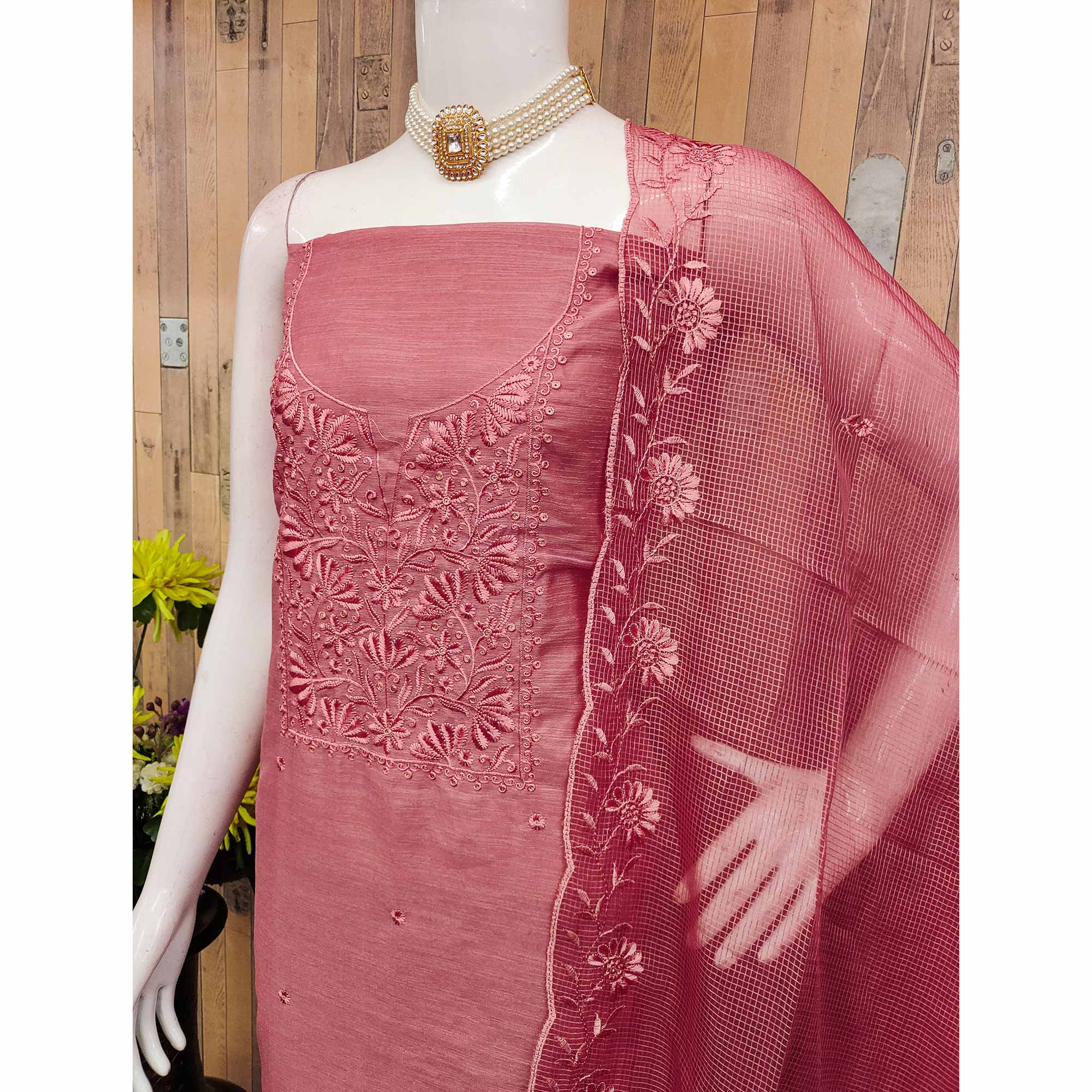 Festive Wear Peach Floral Embroidered Unstitched Cotton Blend Dress Material