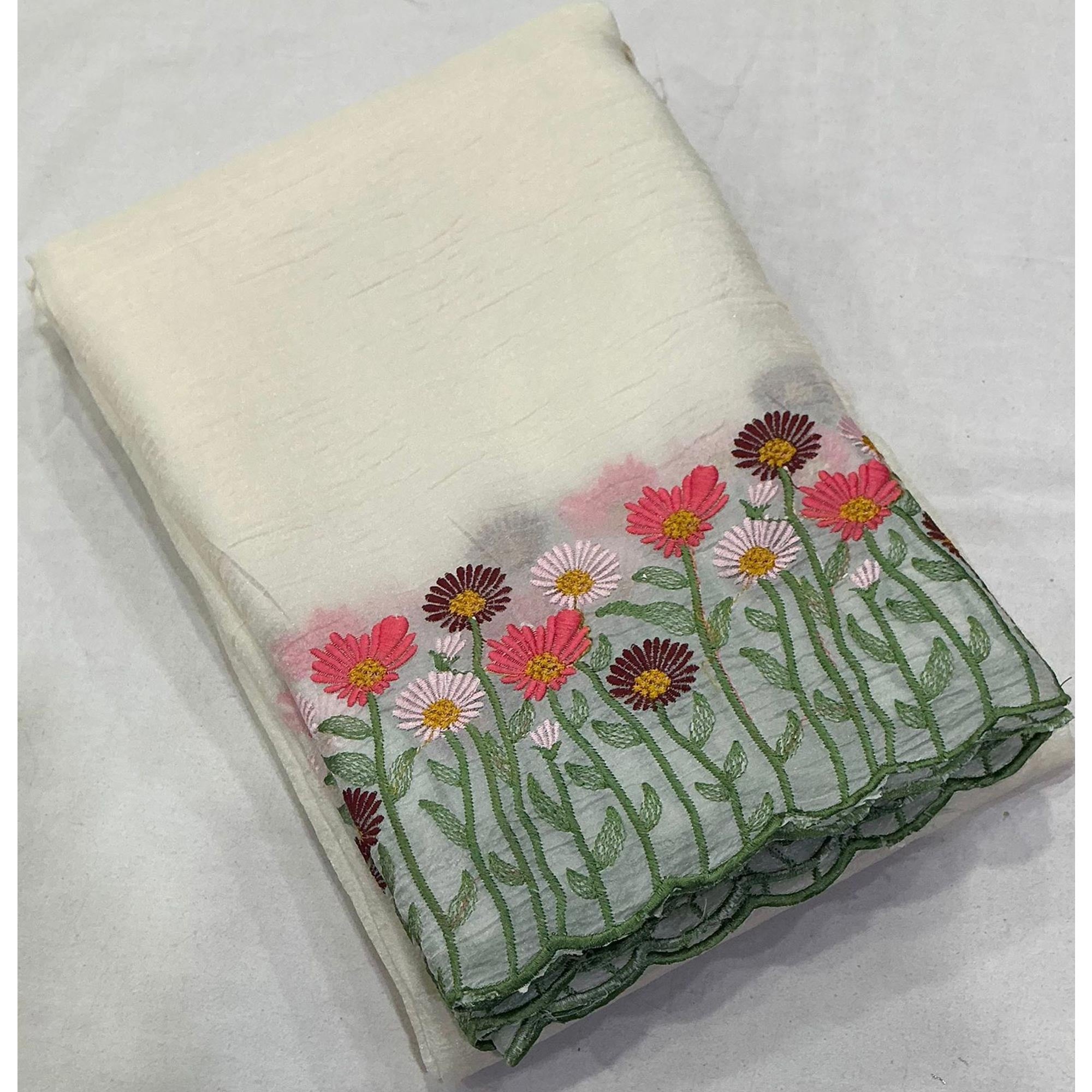Vanilla White Lightweight Chiffon Saree Adorned with Floral Embroidery