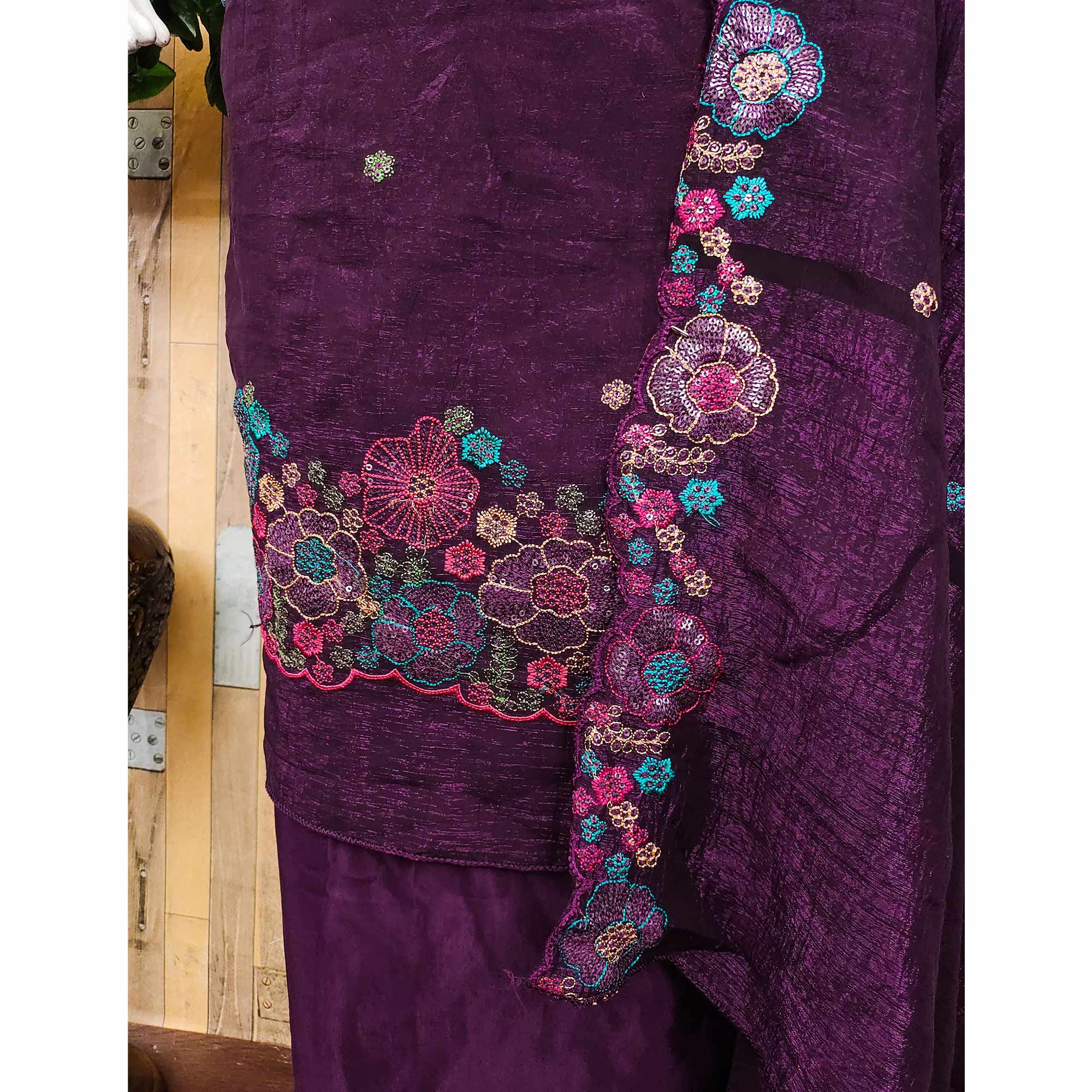 Festive Unstitched Deep Purple Cotton Blend Dress Material with Floral Embroidery