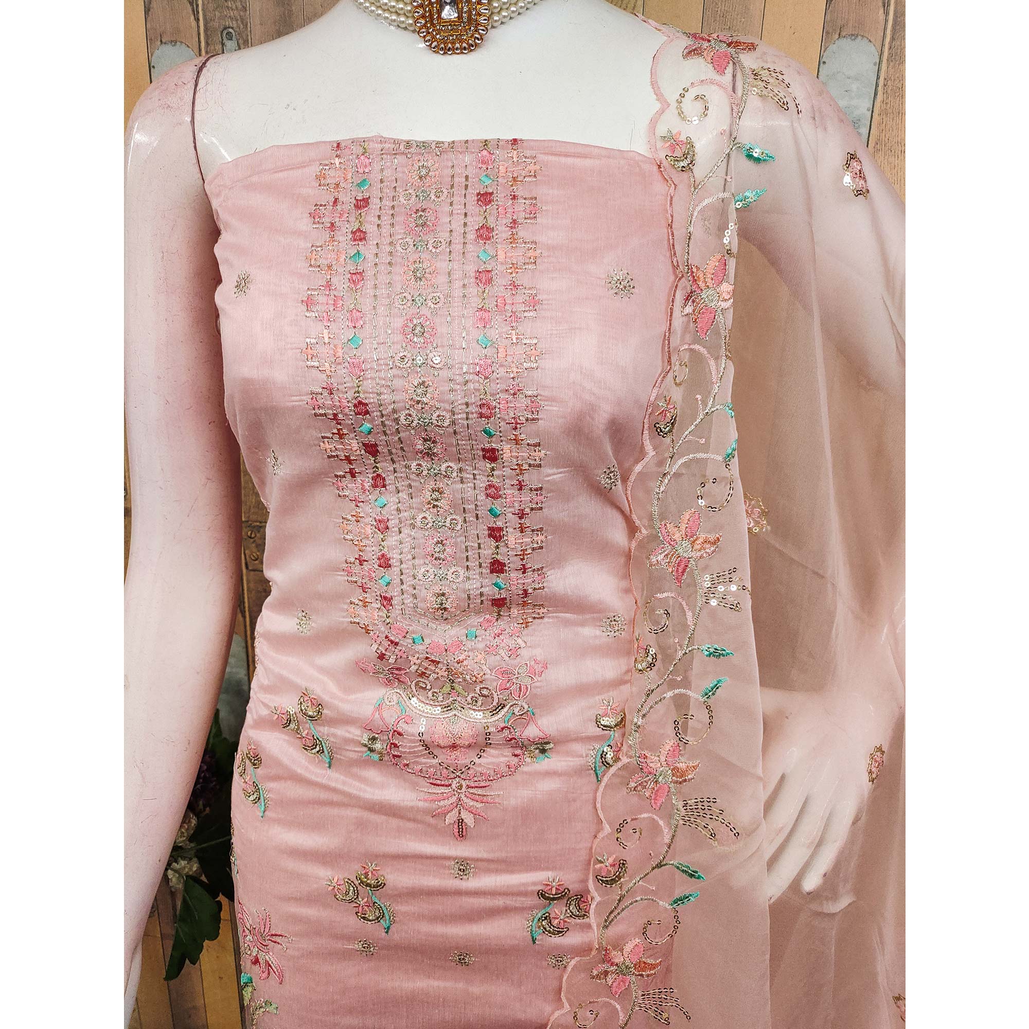 Peach Unstitched Chanderi Silk Dress Material with Delicate Sequins Work