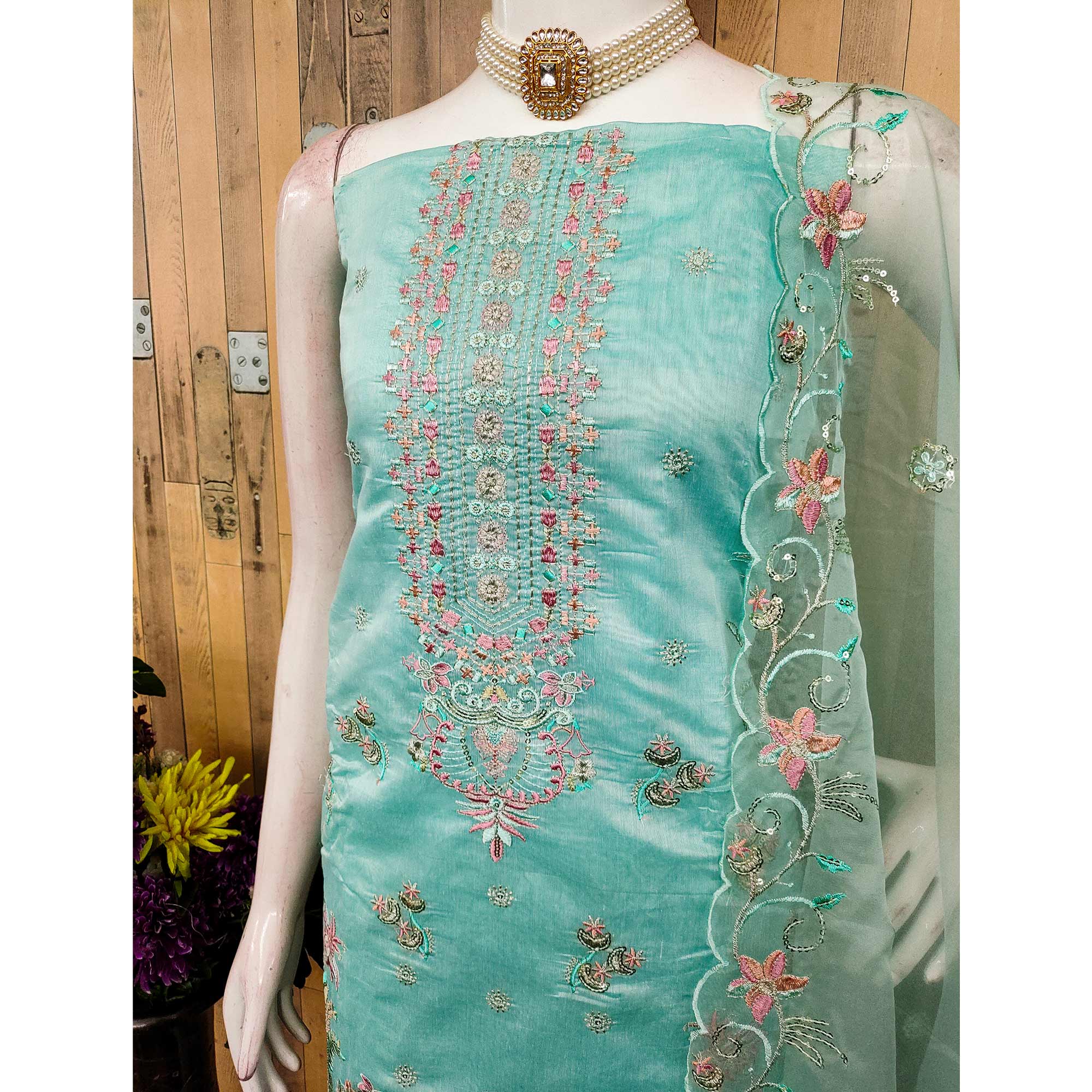 Turquoise Unstitched Chanderi Silk Dress Material with Delicate Sequins Work