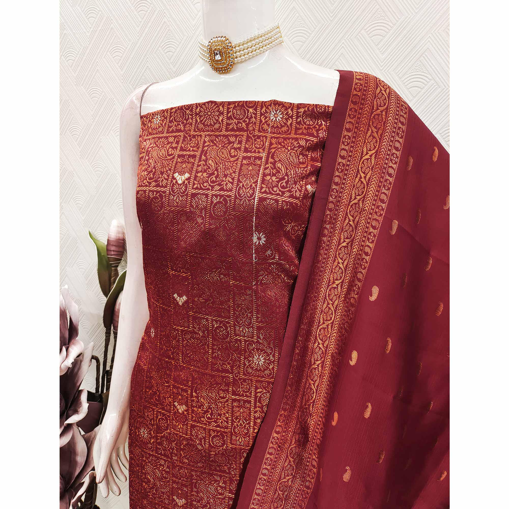 Red Banarasi Silk Dress Material With Heavy Zari Weaving
