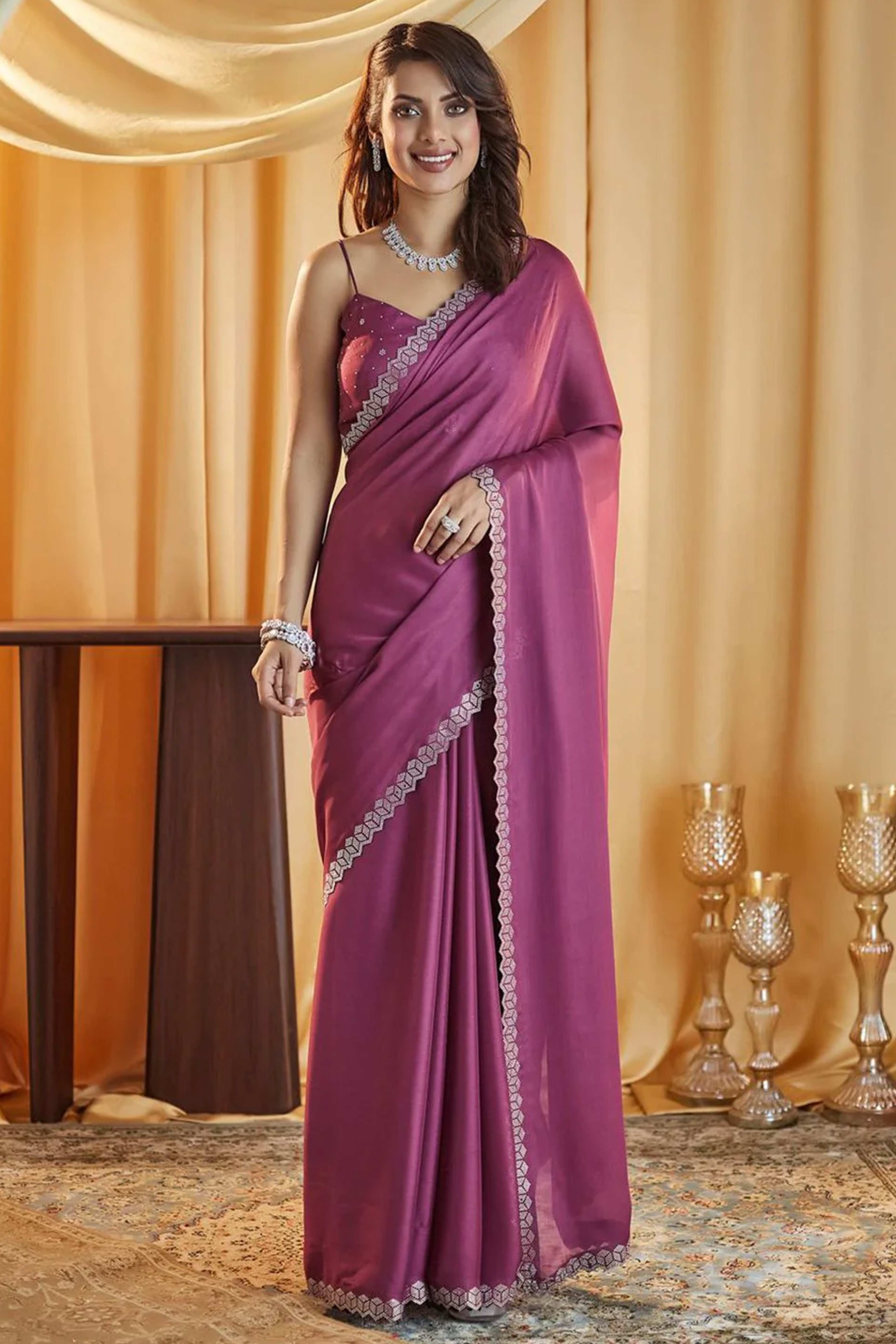 Partywear Mauve Chiffon Saree Adorned with Sparkling Stones