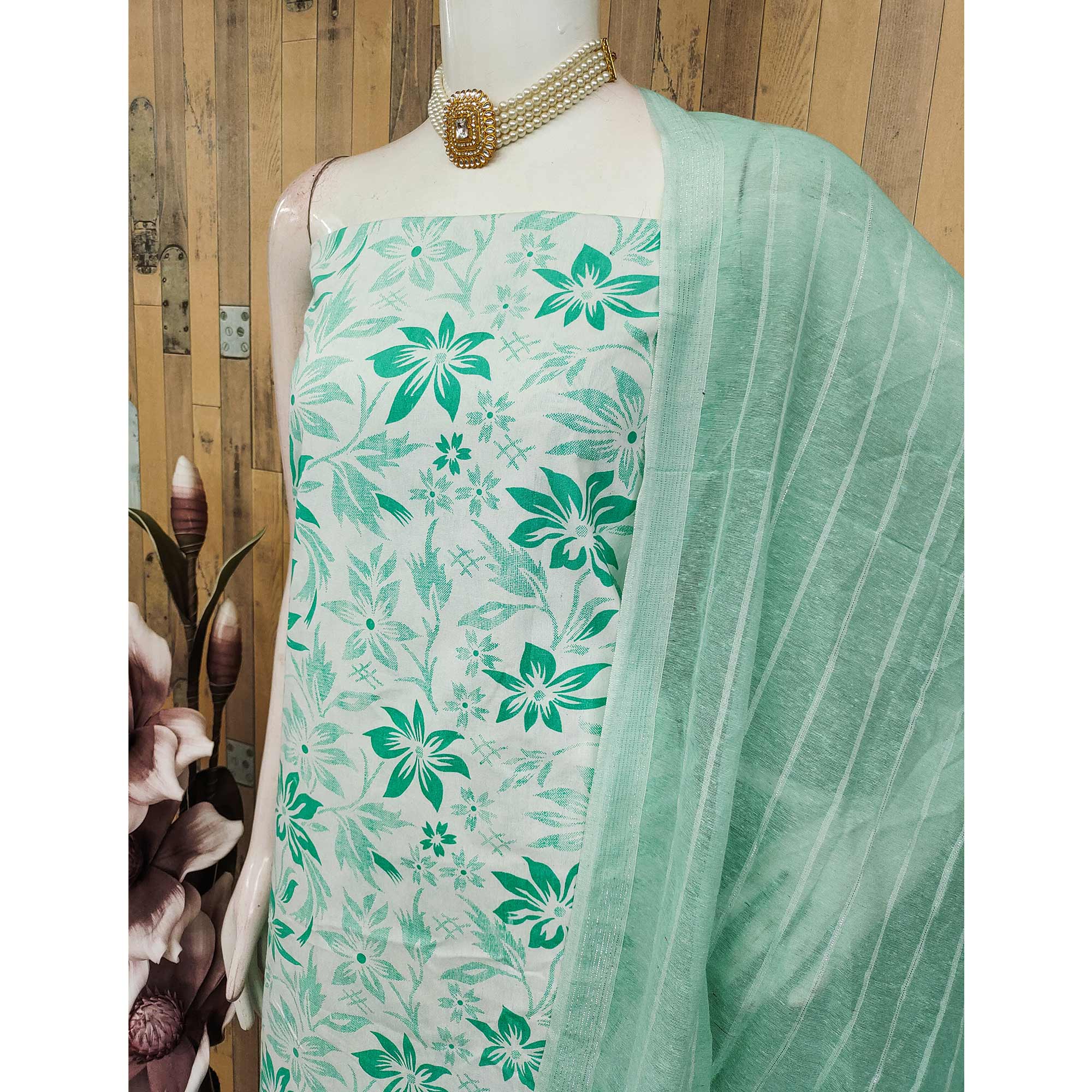 Pure Cotton Green Dress Material with Delicate Floral Prints