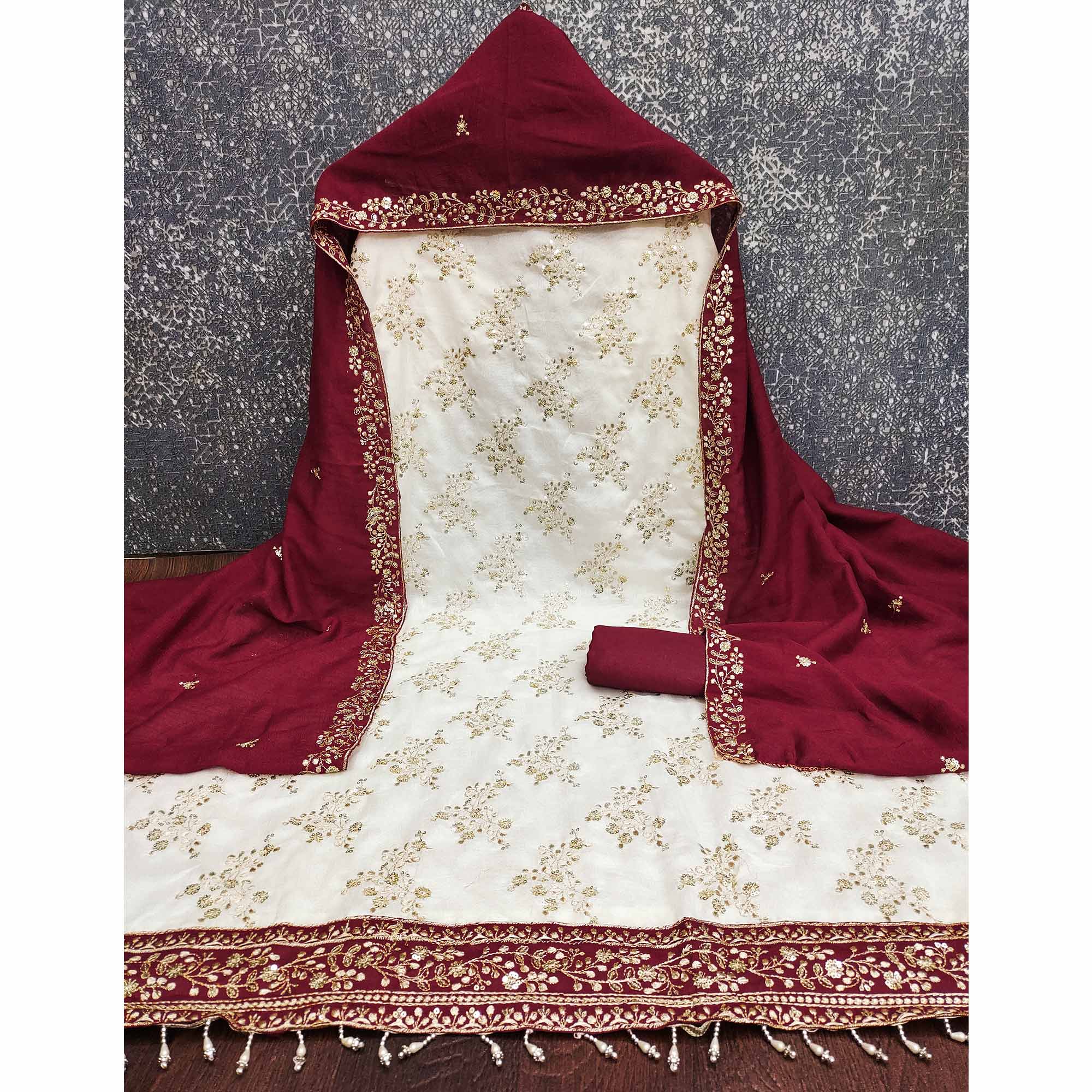 Maroon and Off White Vichitra Silk Fabric with Embroidered Detailing