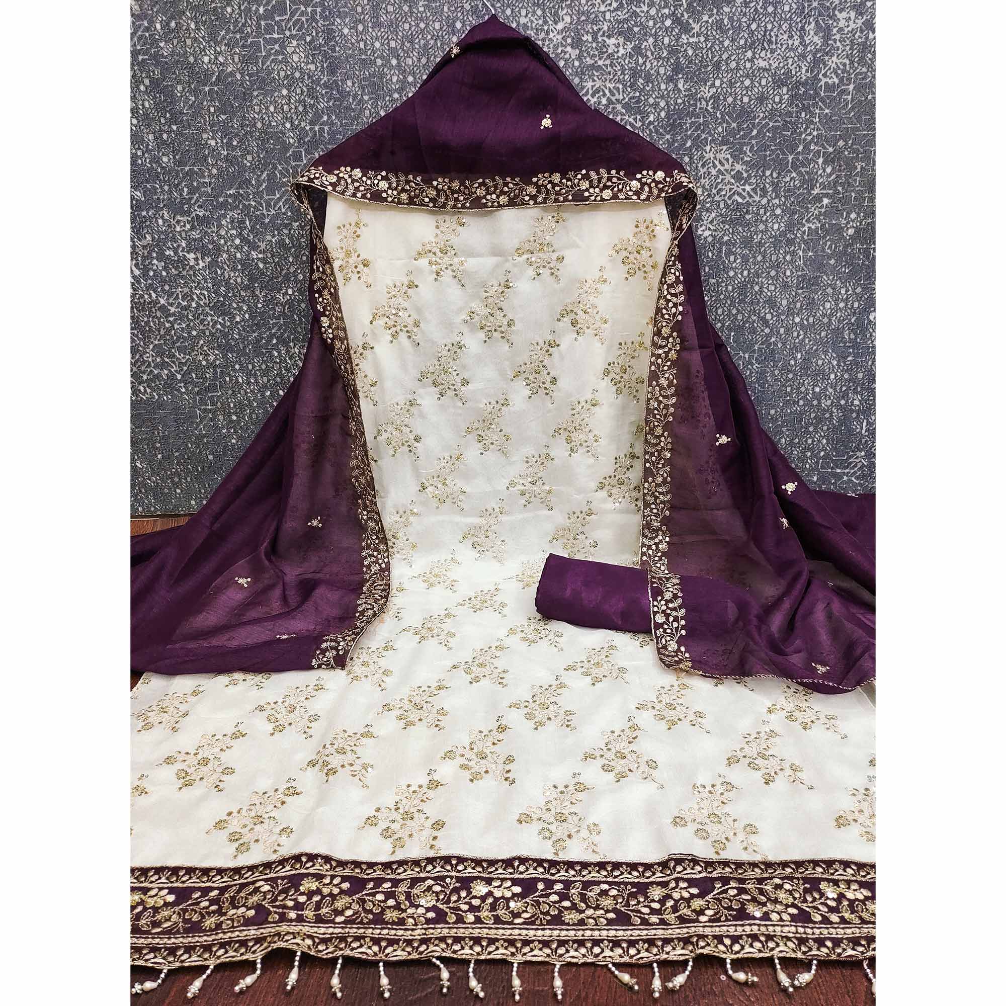 Purple and Off White Vichitra Silk Fabric with Embroidered Detailing