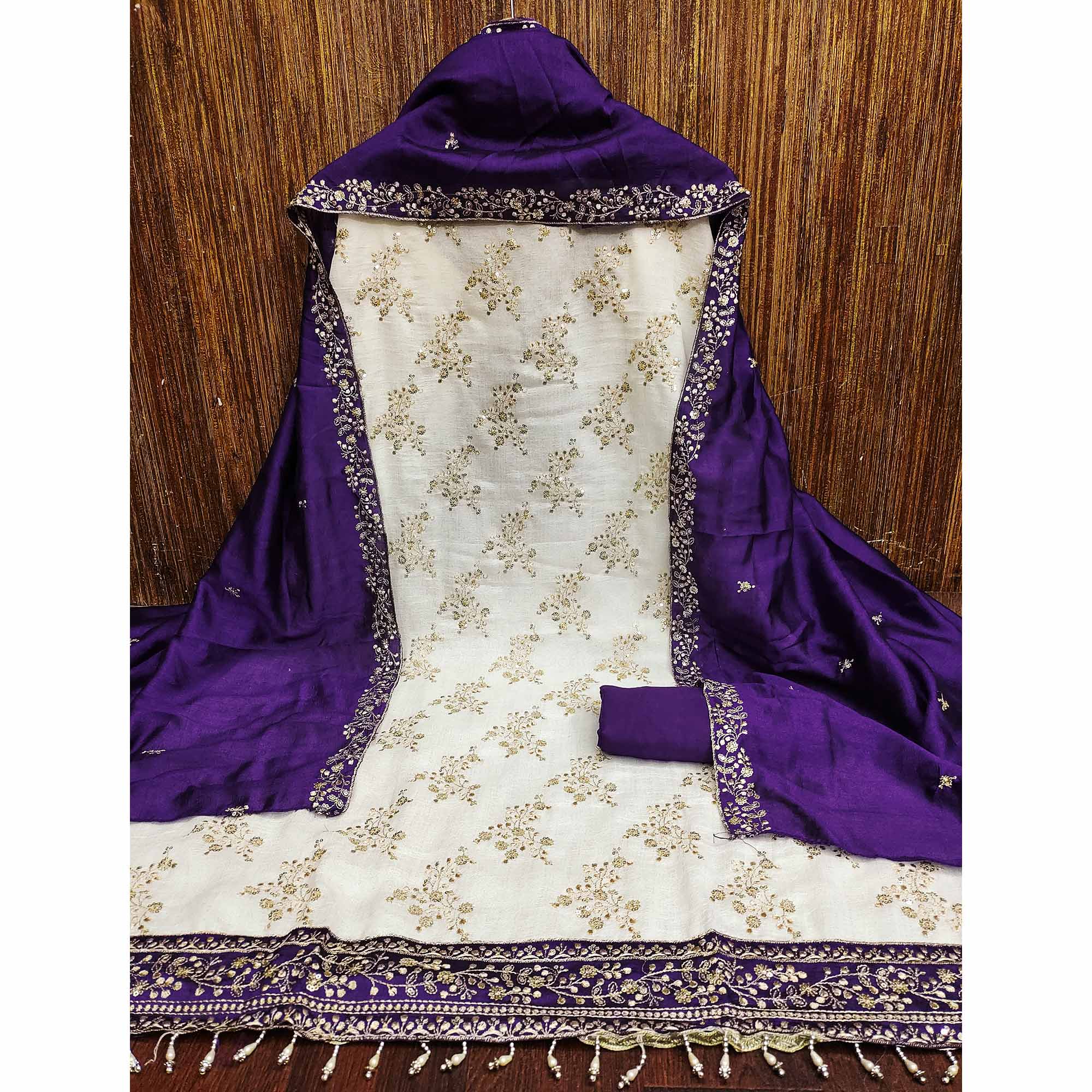 Violet and Off White Vichitra Silk Fabric with Embroidered Detailing