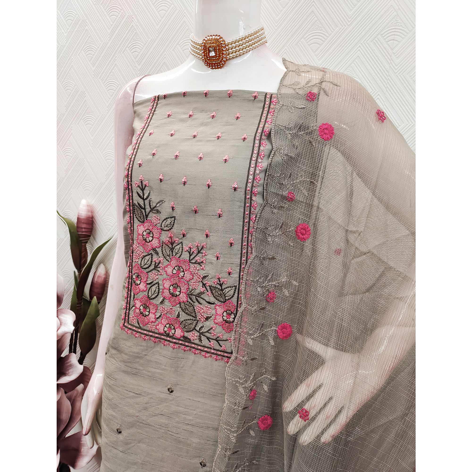 Taupe Cotton Blend Dress Material Featuring Delicate Floral Embroidery & Sequins Work