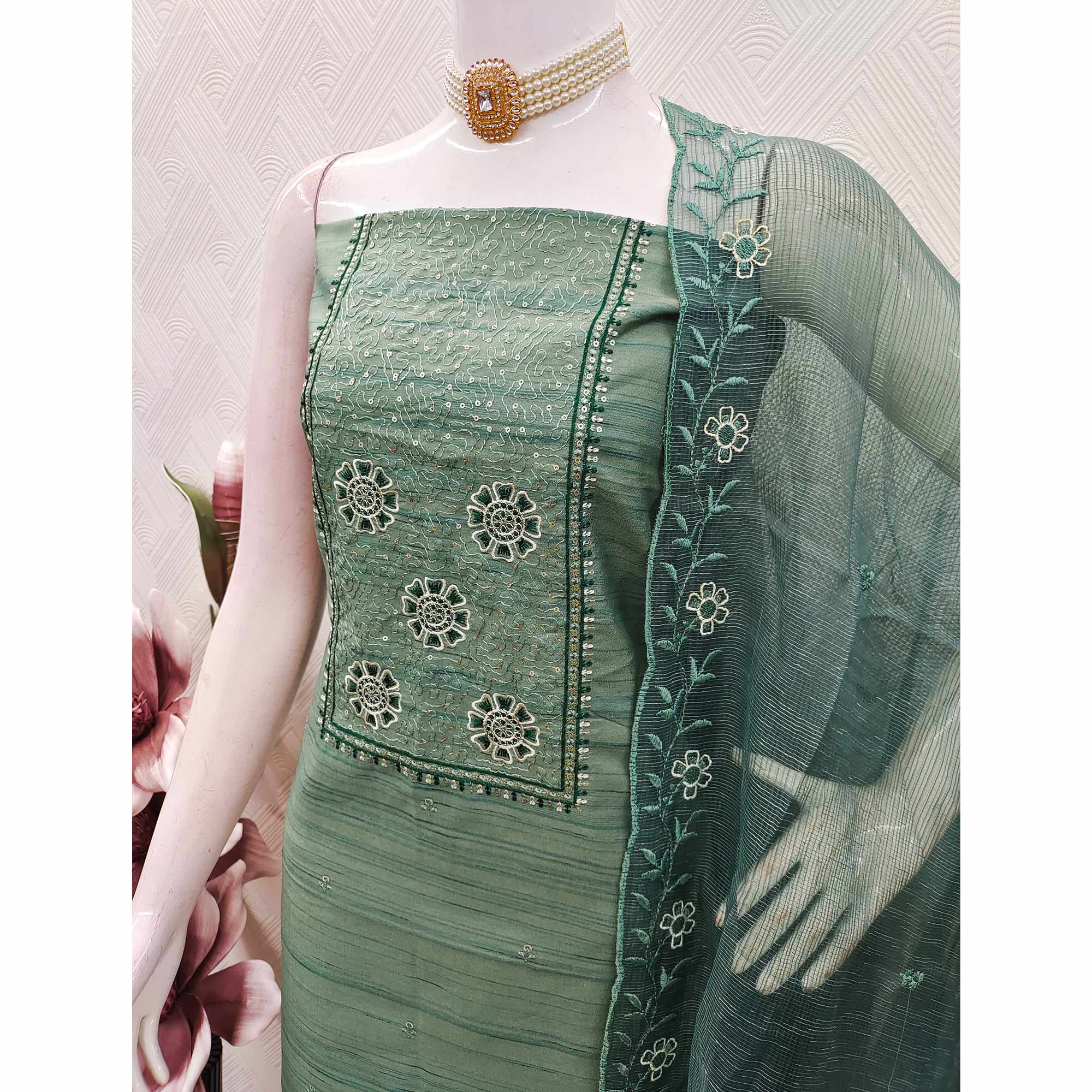 Green Elegance In Cotton Blend Dress Material With Floral Thread & Sequin Work