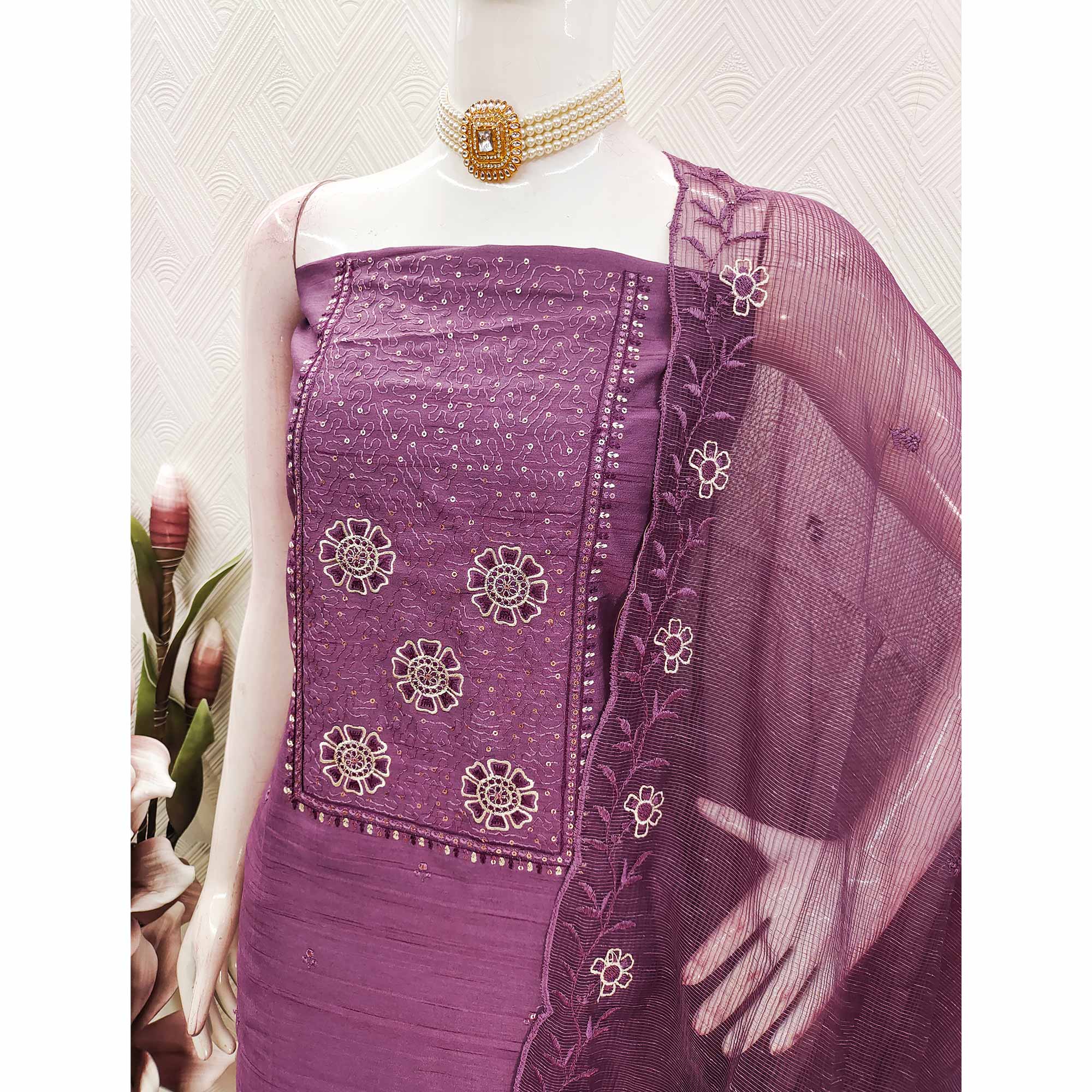 Plum Purple Elegance In Cotton Blend Dress Material With Floral Thread & Sequin Work