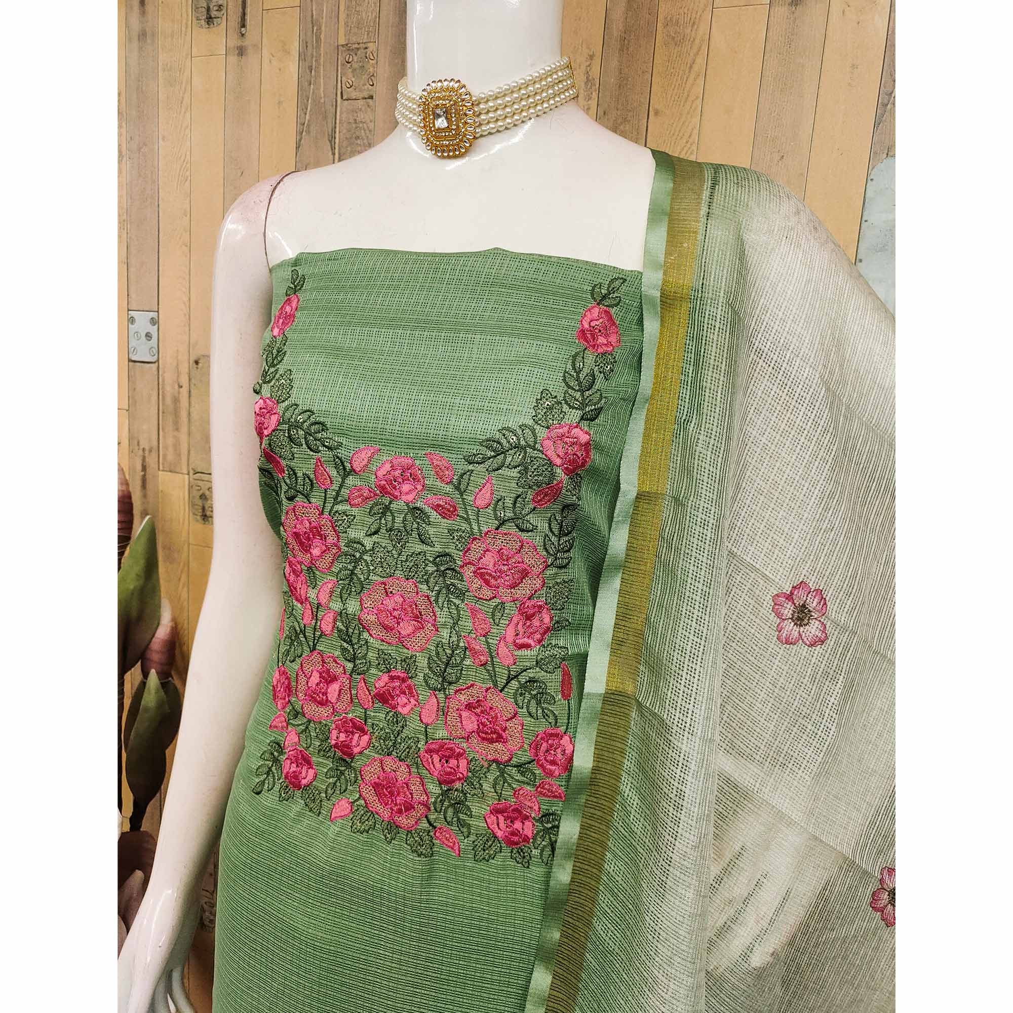 Green Kota Doria Dress Material Adorned With Delicate Floral Sequins Embroidery Work