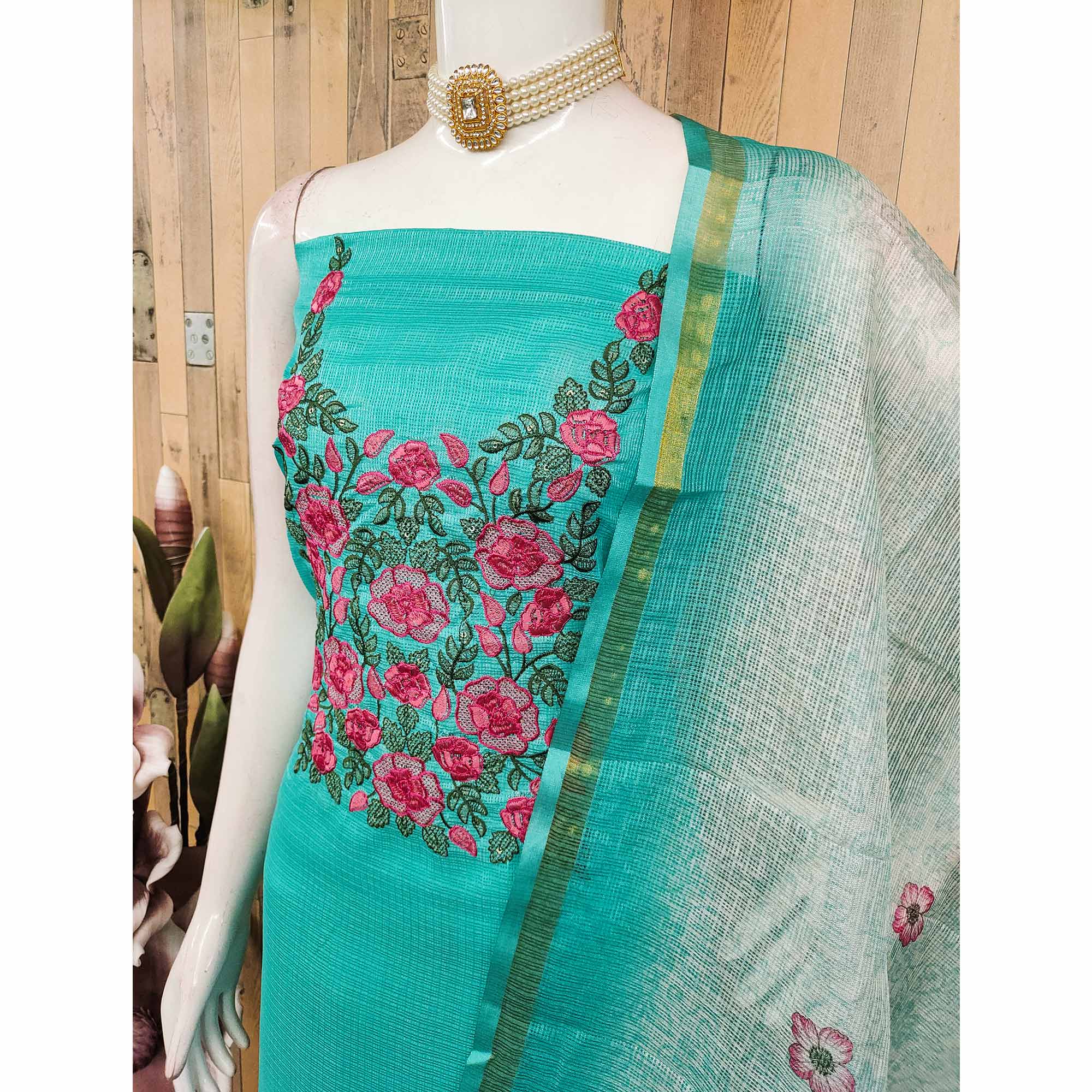 Turquoise Kota Doria Dress Material Adorned With Delicate Floral Sequins Embroidery Work