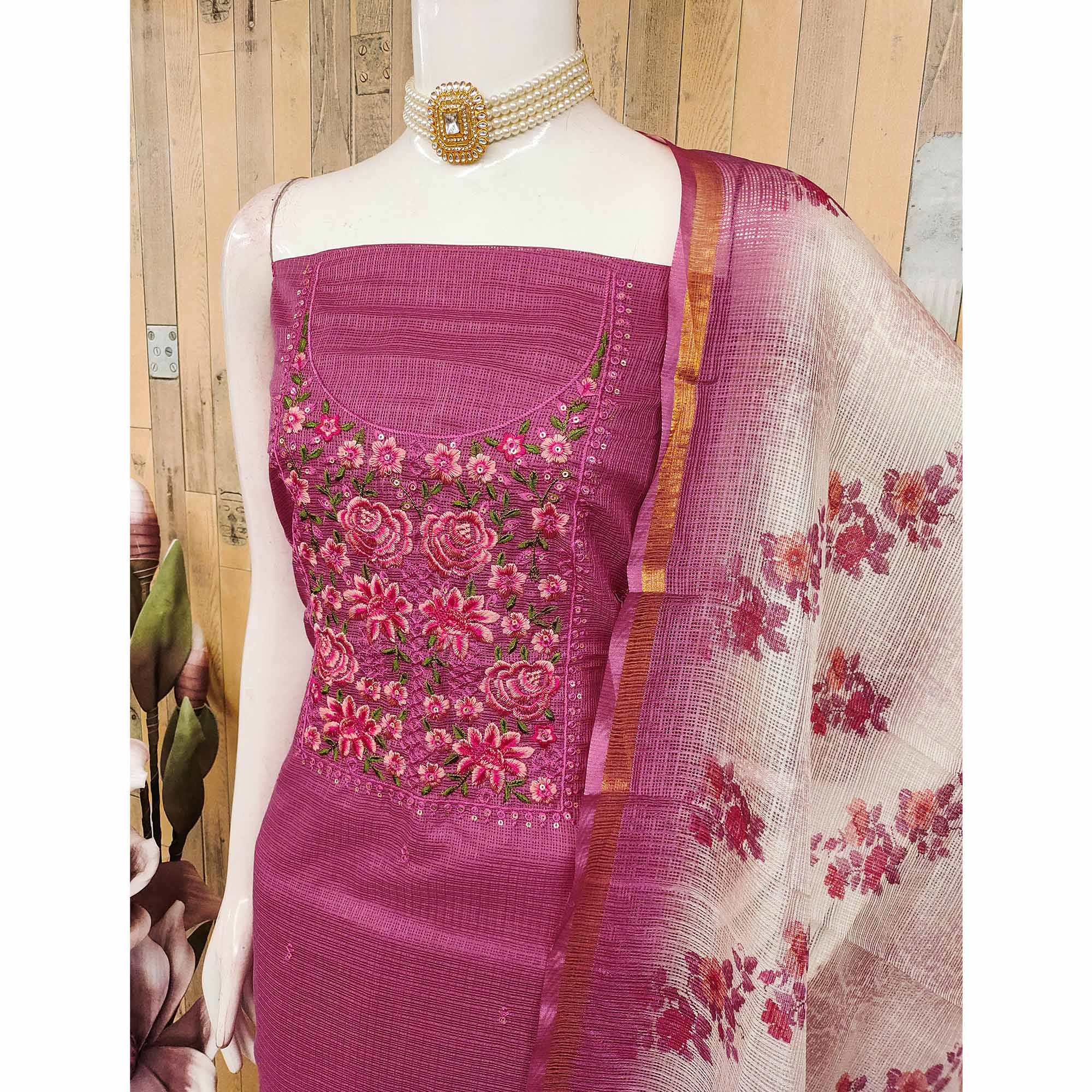 Magenta  Kota Doria Dress Material Featuring Elegant Floral Design With Sparkling Sequins Embroidery