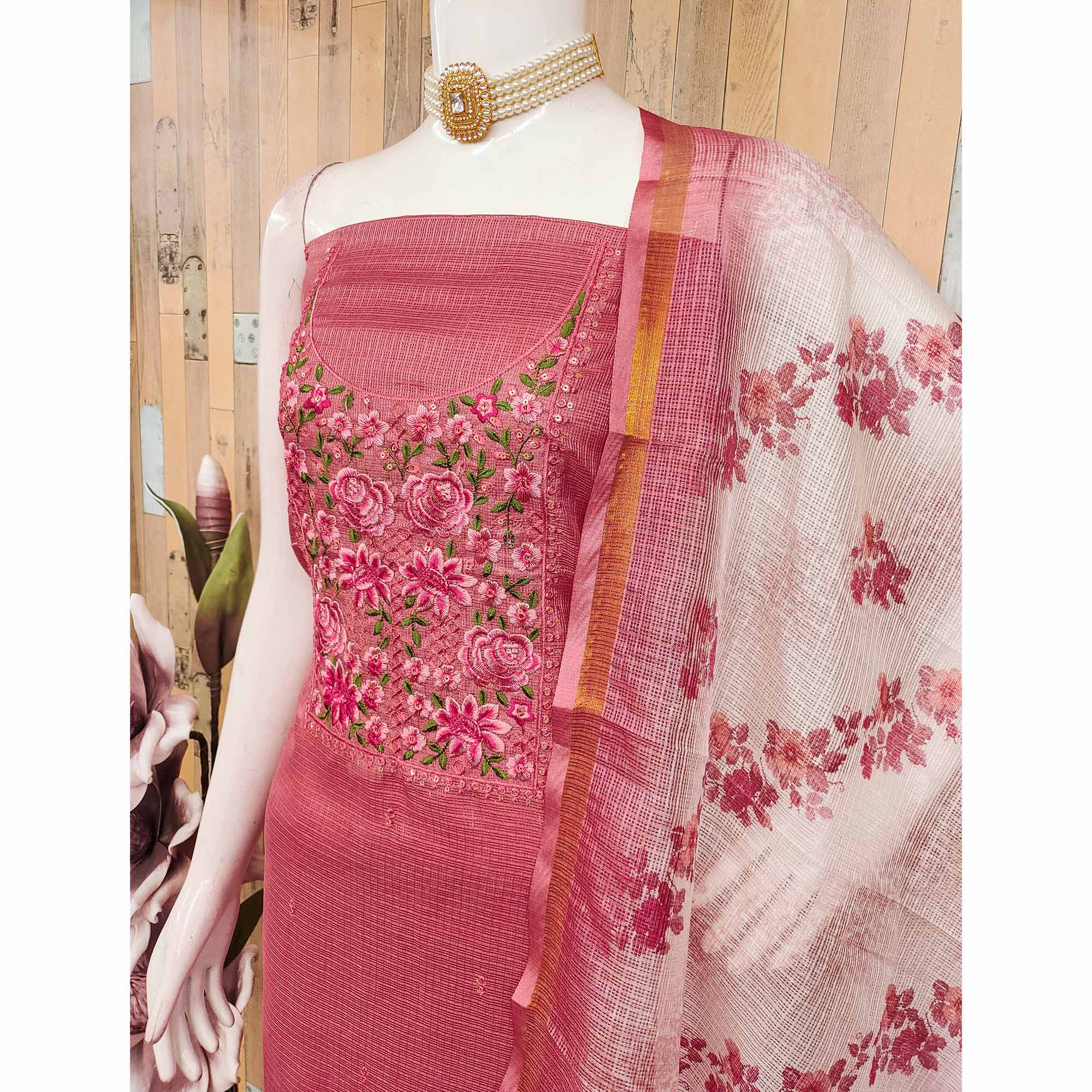Pink Kota Doria Dress Material Featuring Elegant Floral Design With Sparkling Sequins Embroidery