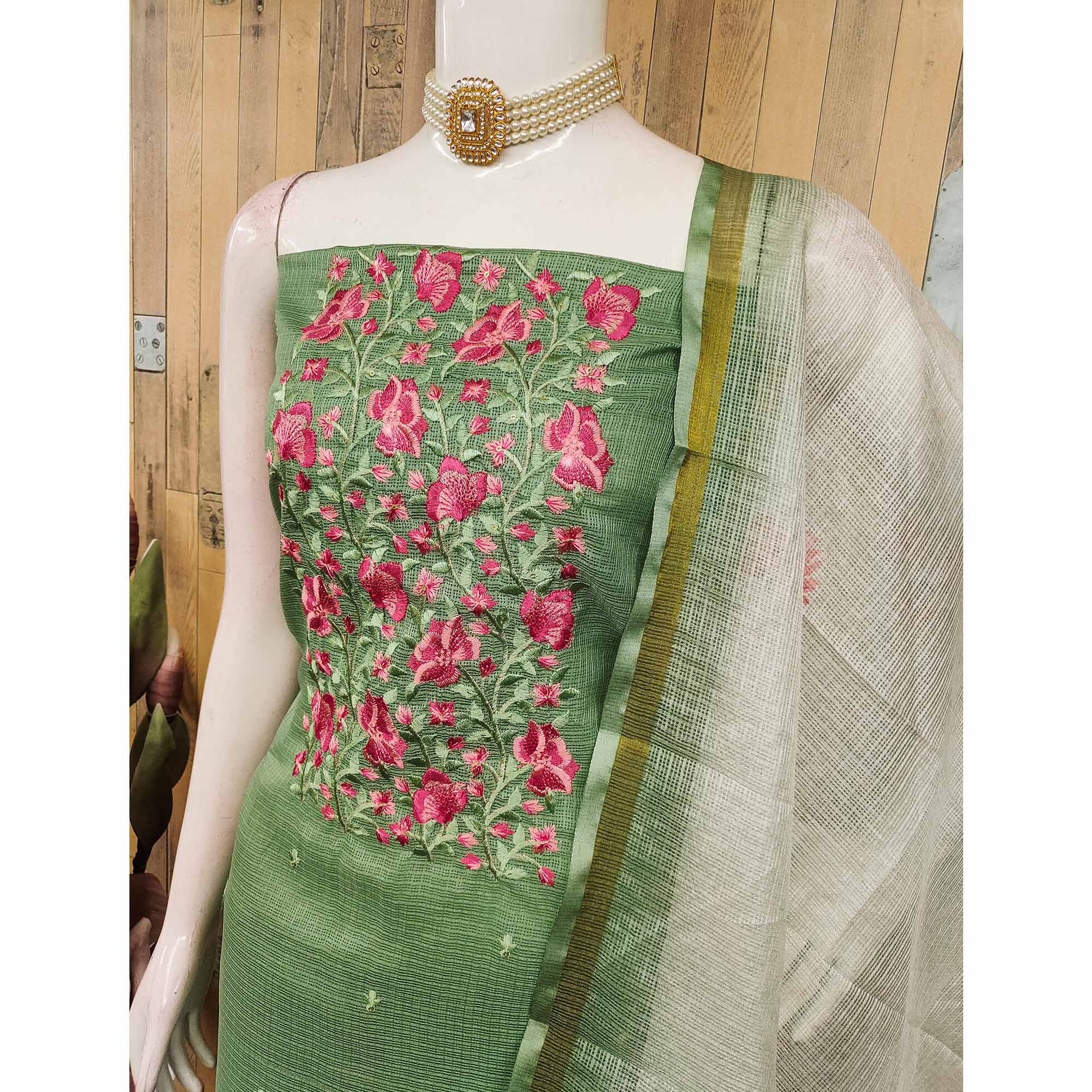 Green Kota Doria Dress Material With Intricate Floral Motifs & Sparkling Sequins Embroidery