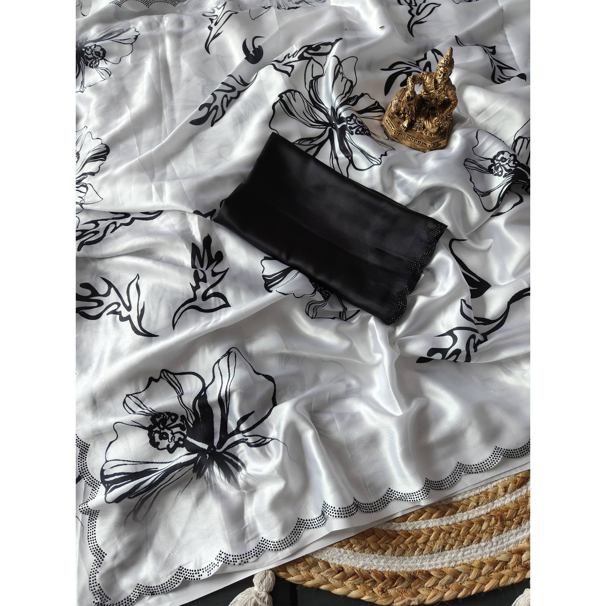 White Partywear Saree with Vibrant Floral Designs in Carbon Crepe