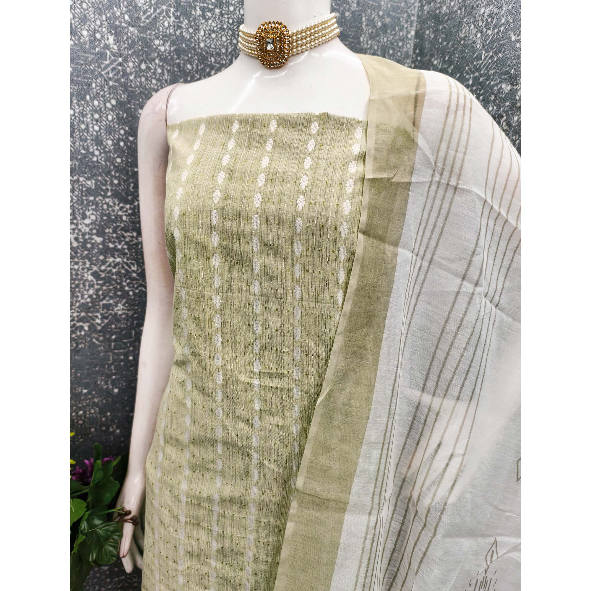 Classic Green Pure Cotton Dress Material Featuring Intricate Weaving