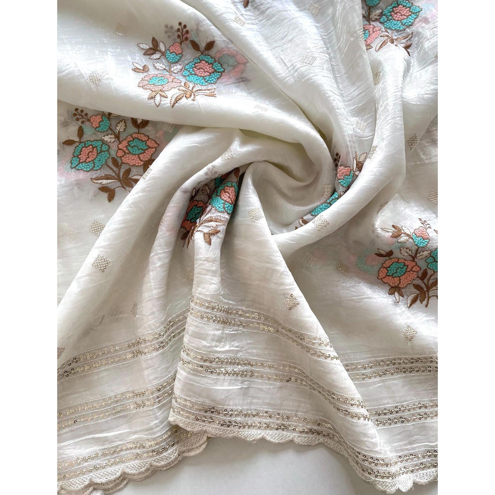 Off White Floral Embroidered Organza Saree for Special Occasions