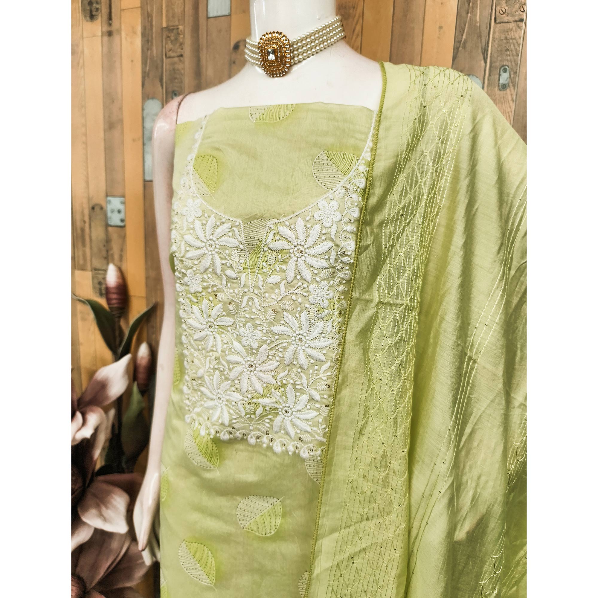 Green Chanderi Cotton Dress Material Adorned With Floral Thread Embroidery & Sequins Work