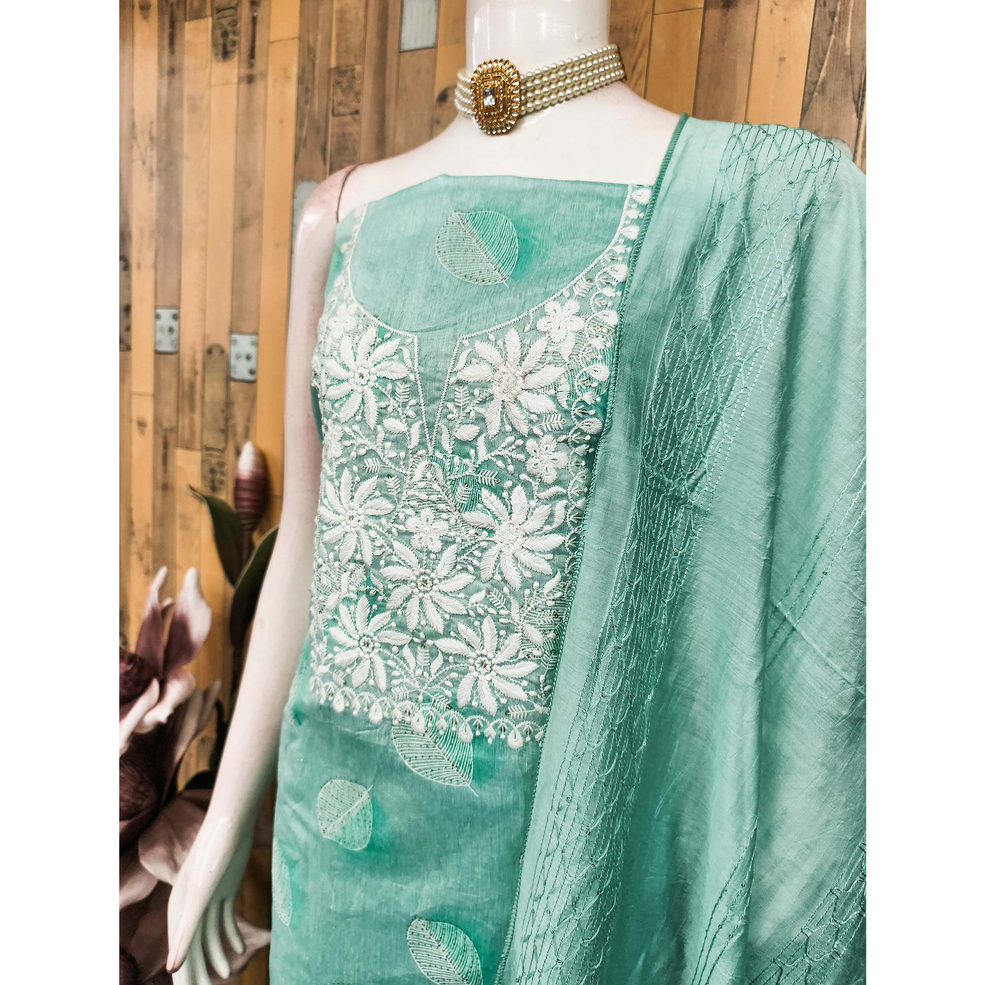 Turquoise Chanderi Cotton Dress Material Adorned With Floral Thread Embroidery & Sequins Work