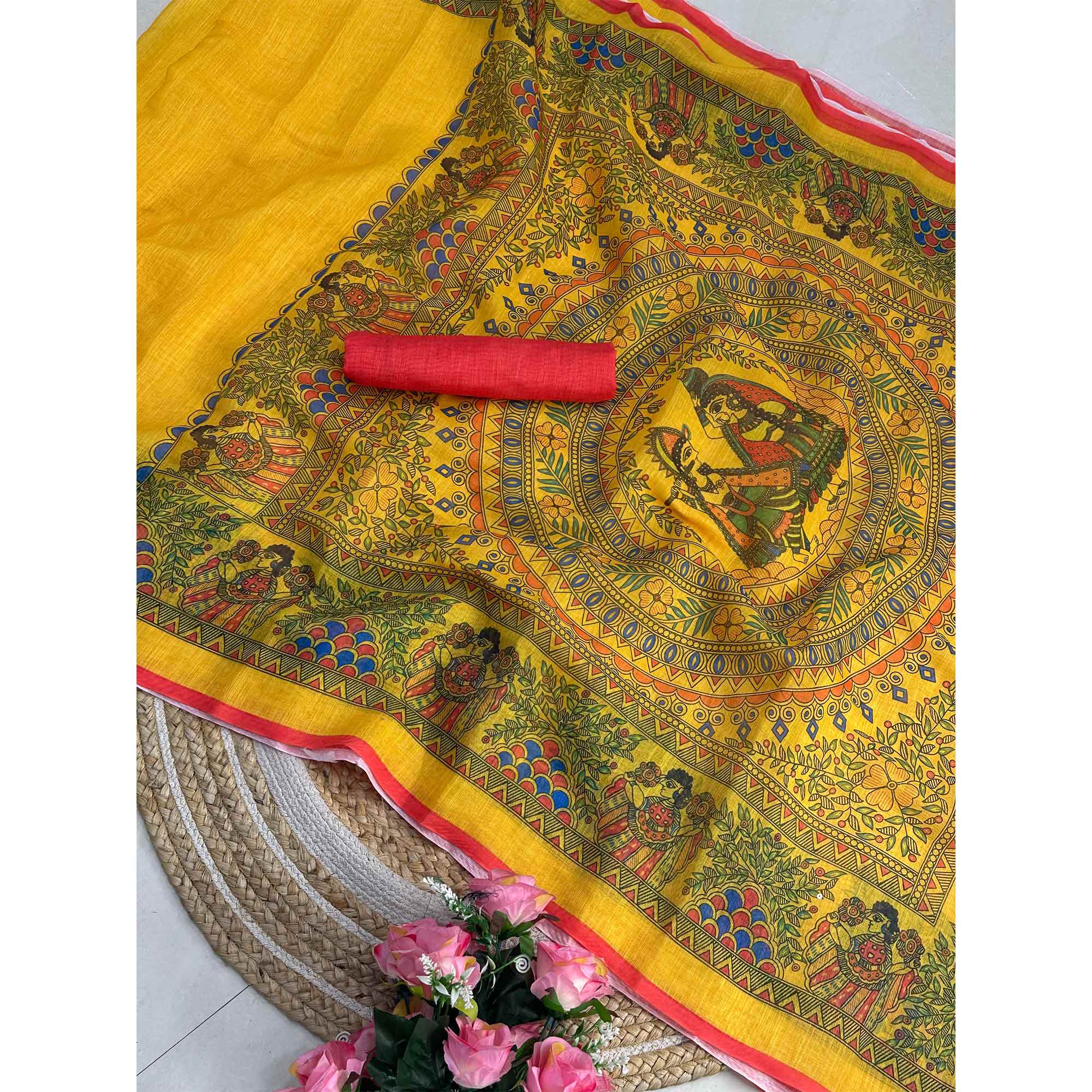 Yellow Madhubani Motif Printed Linen Saree for Festive Wear