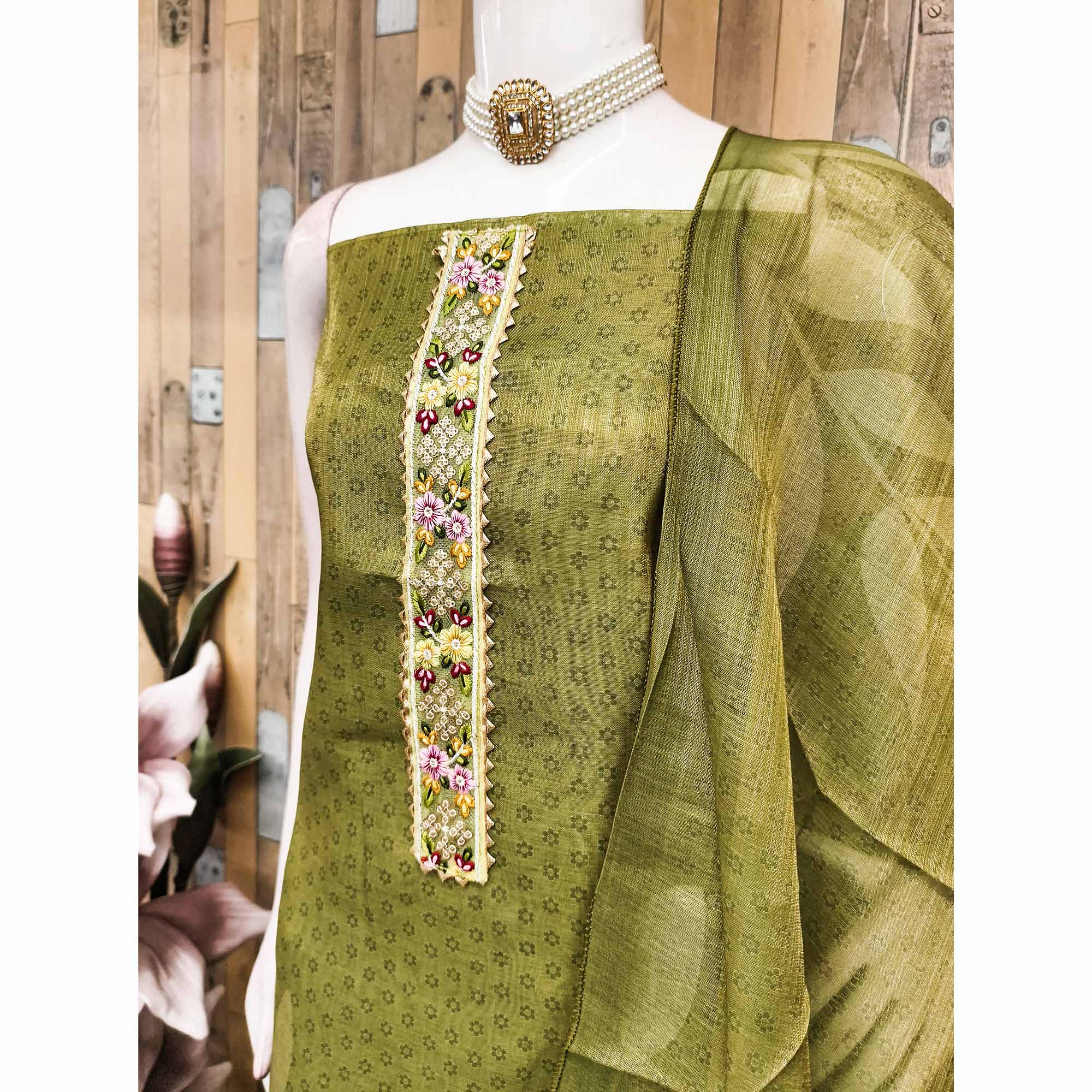 Green Floral Digital Printed Art Silk Dress Material With Sparkling Sequins Embroidery