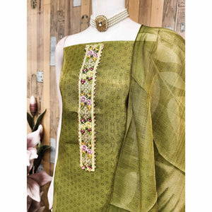 Green Floral Digital Printed Art Silk Dress Material With Sparkling Sequins Embroidery
