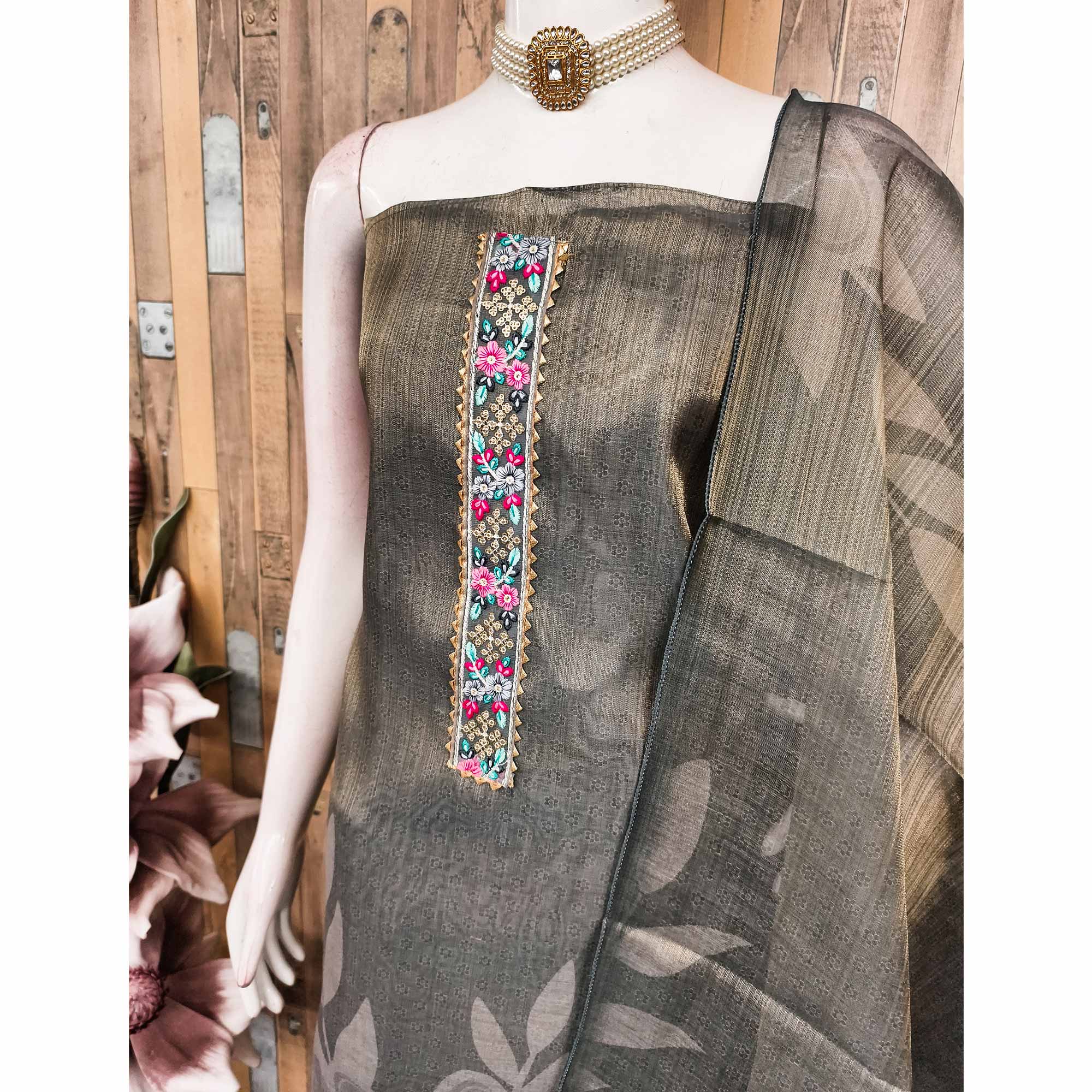 Grey Floral Digital Printed Art Silk Dress Material With Sparkling Sequins Embroidery