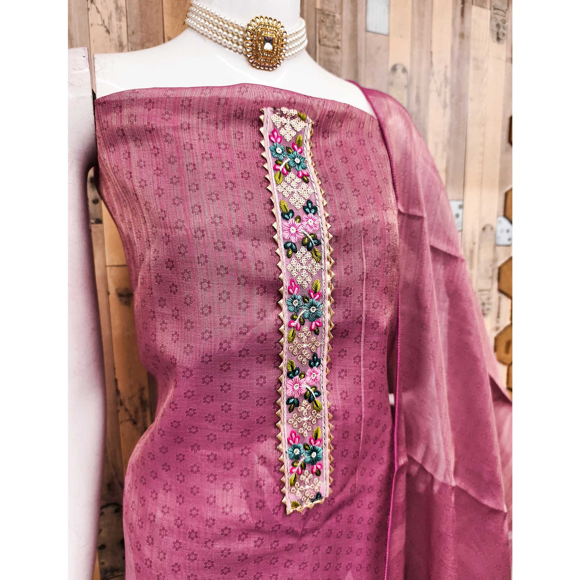 Pink Floral Digital Printed Art Silk Dress Material With Sparkling Sequins Embroidery