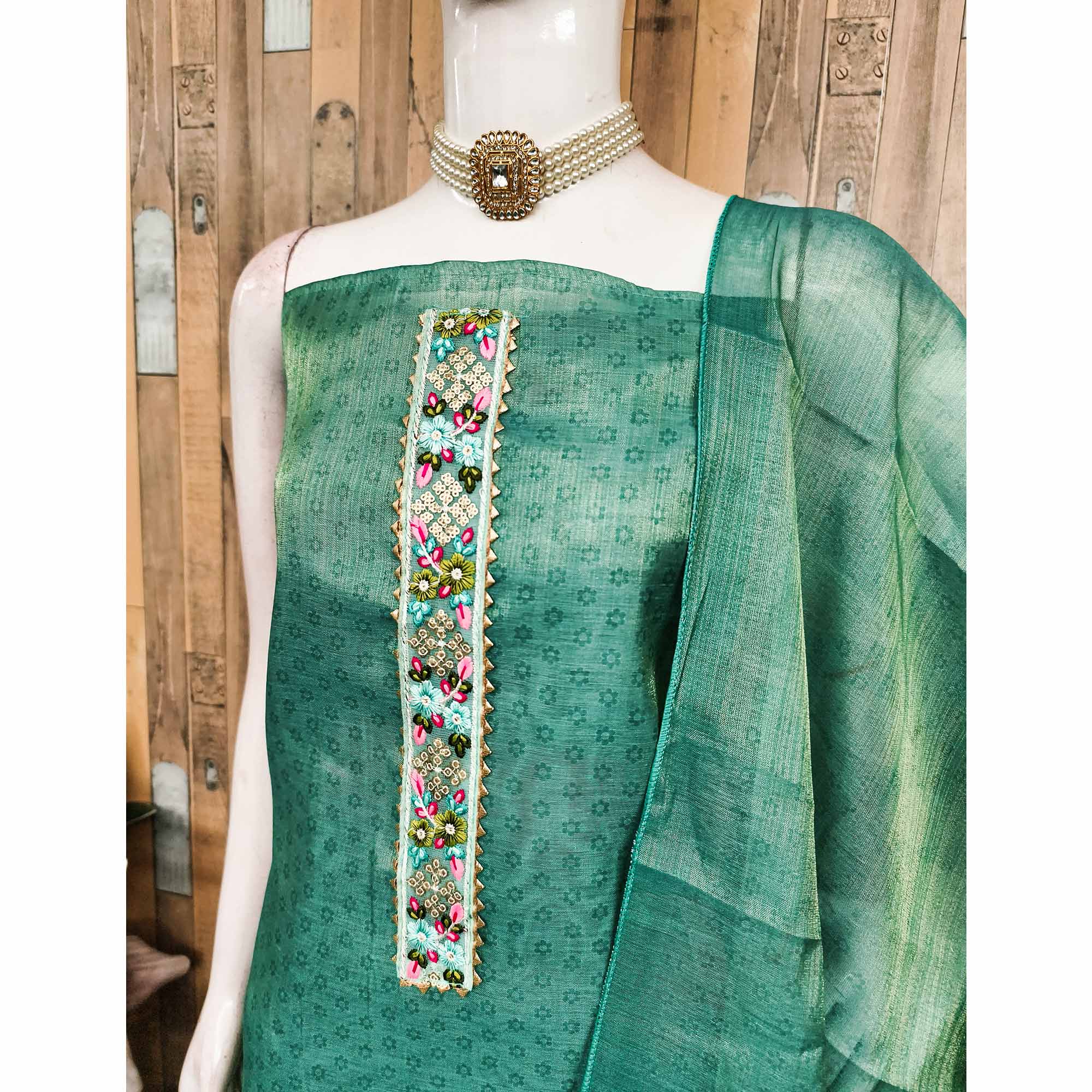 Turquoise Floral Digital Printed Art Silk Dress Material With Sparkling Sequins Embroidery