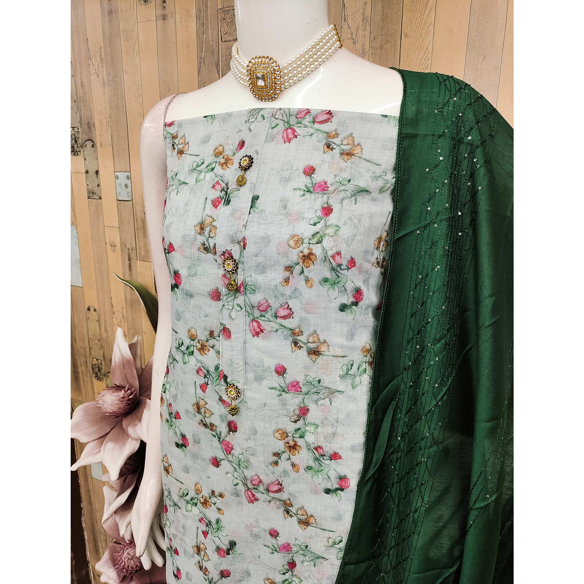 Graceful Light Grey Floral Printed Linen Dress Material Perfect for Summer Outfits